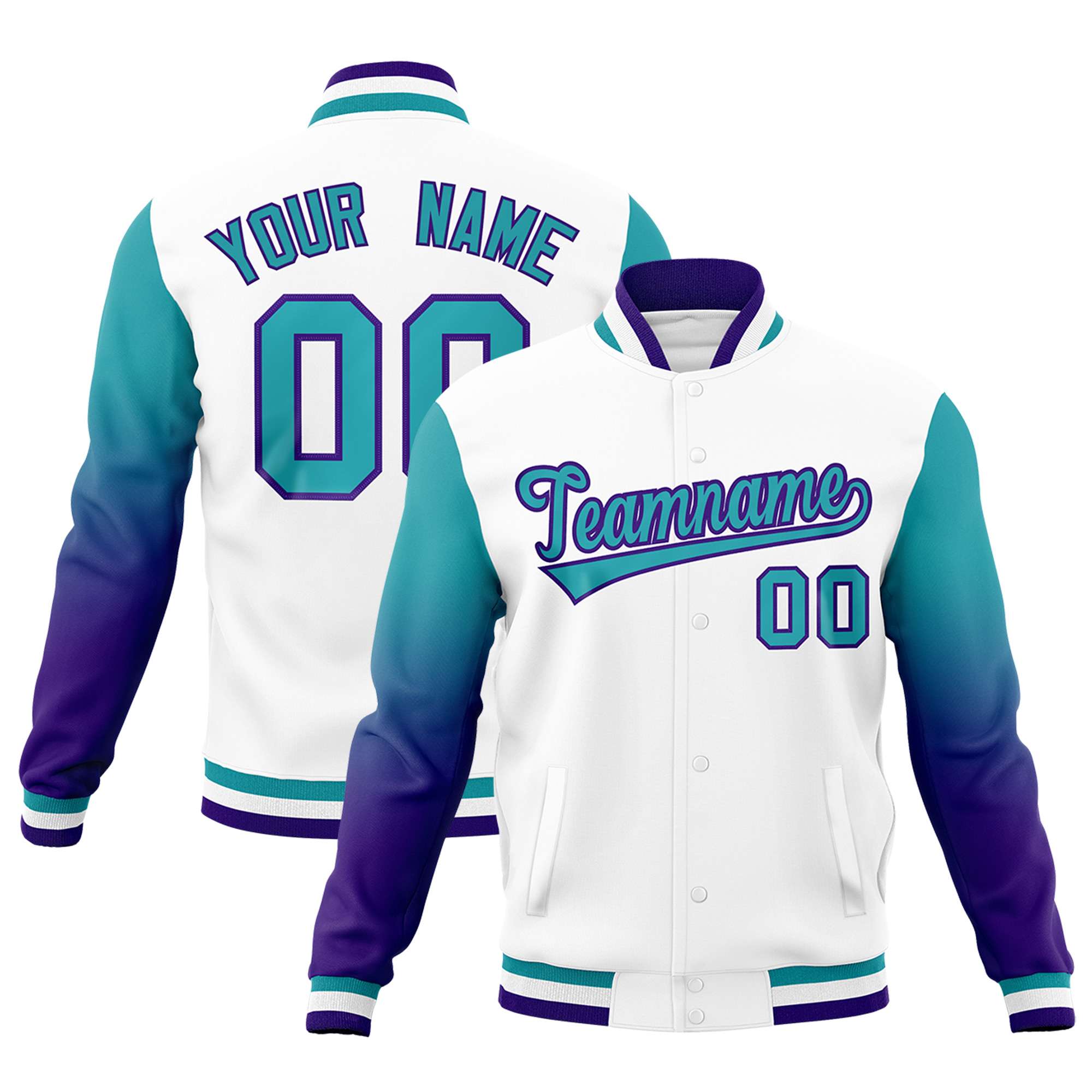 Custom White Aqua Purple Full-Snap Varsity Raglan Sleeves Gradient Letterman Jacket| KXKSHOP