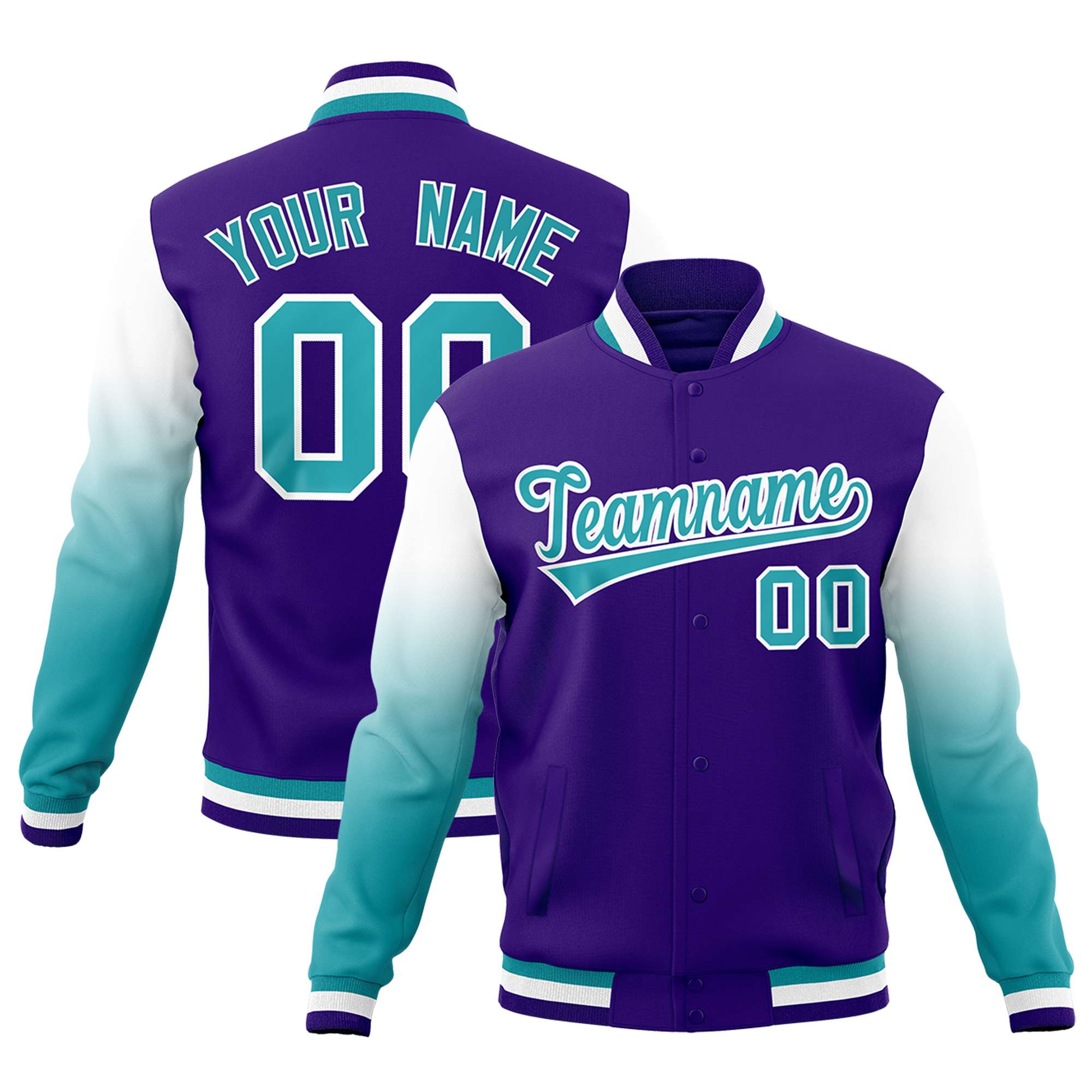 Custom Purple Aqua White Full-Snap Varsity Raglan Sleeves Gradient Letterman Jacket| KXKSHOP