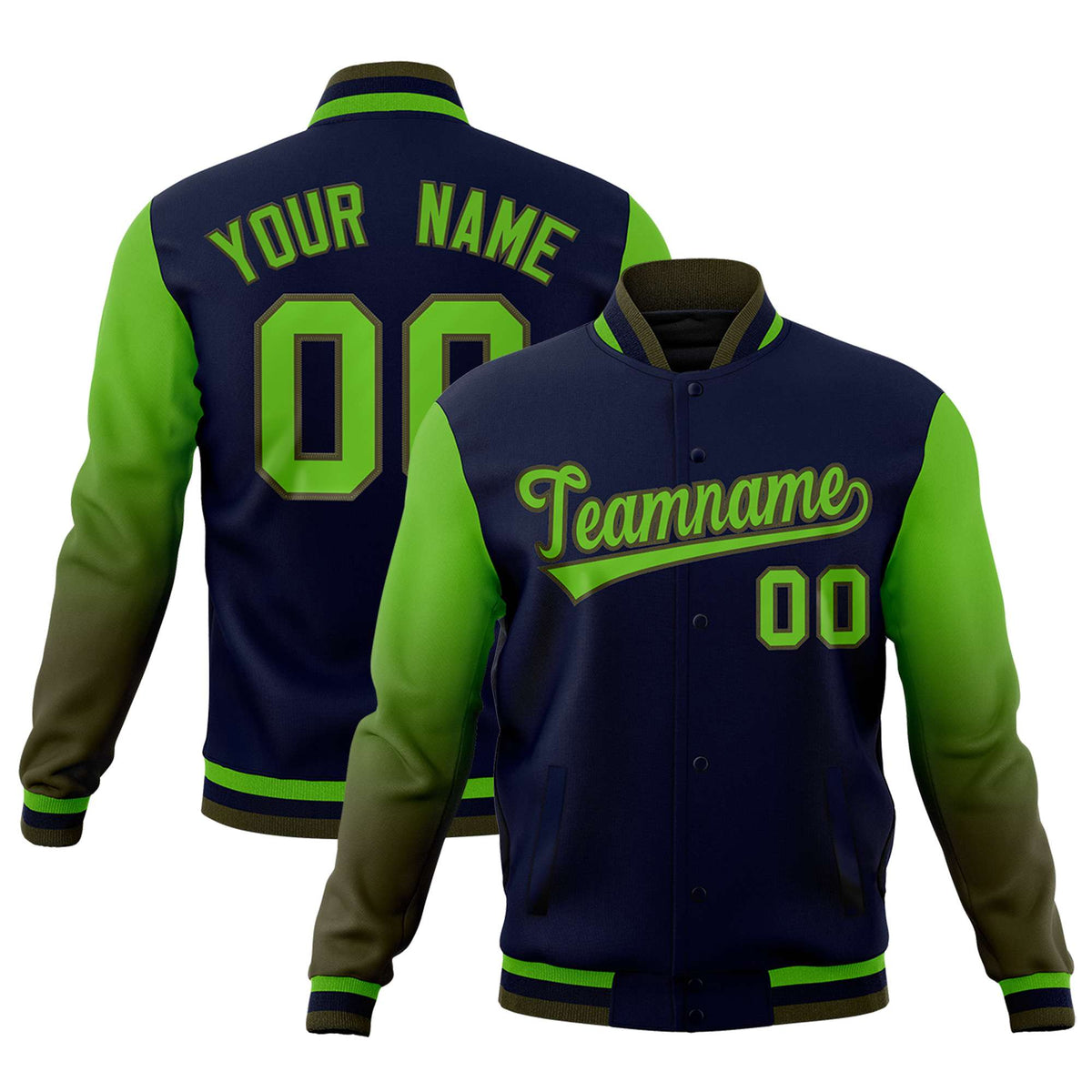 Custom Navy Green Olive Full-Snap Varsity Raglan Sleeves Gradient Letterman Jacket| KXKSHOP