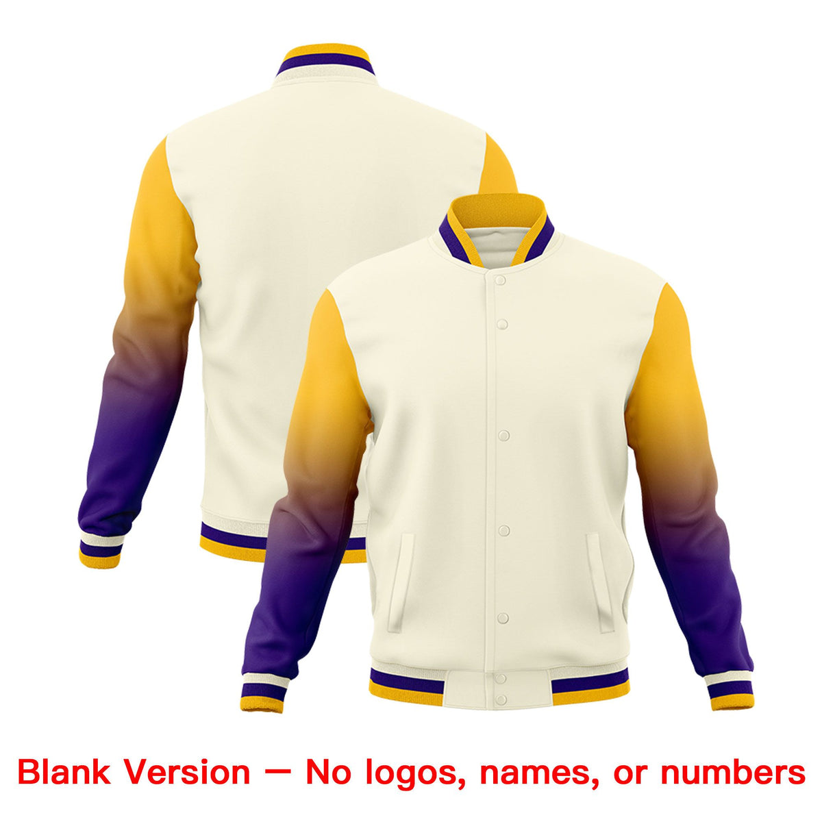 Custom Cream Gold Purple Full-Snap Varsity Raglan Sleeves Gradient Letterman Jacket| KXKSHOP