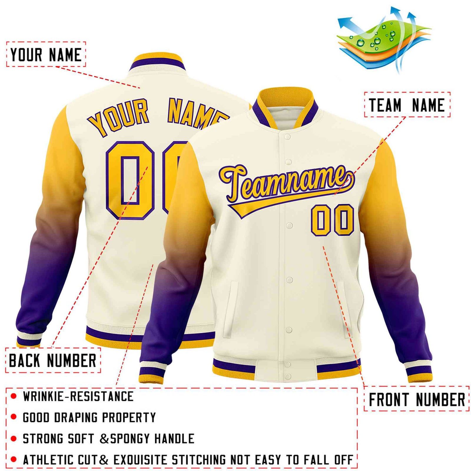 Custom Cream Gold Purple Full-Snap Varsity Raglan Sleeves Gradient Letterman Jacket| KXKSHOP