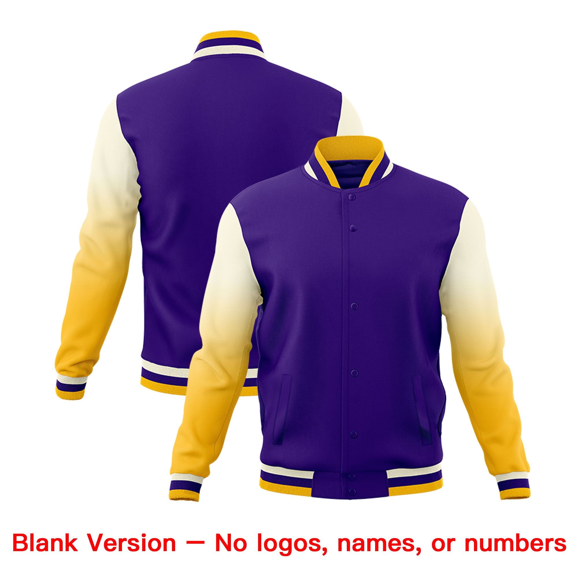 Custom Purple Gold White Full-Snap Varsity Raglan Sleeves Gradient Letterman Jacket| KXKSHOP