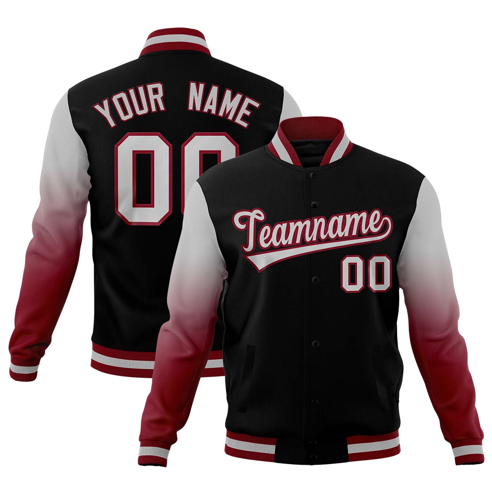 Custom Black Gray Crimson Full-Snap Varsity Raglan Sleeves Gradient Letterman Jacket| KXKSHOP