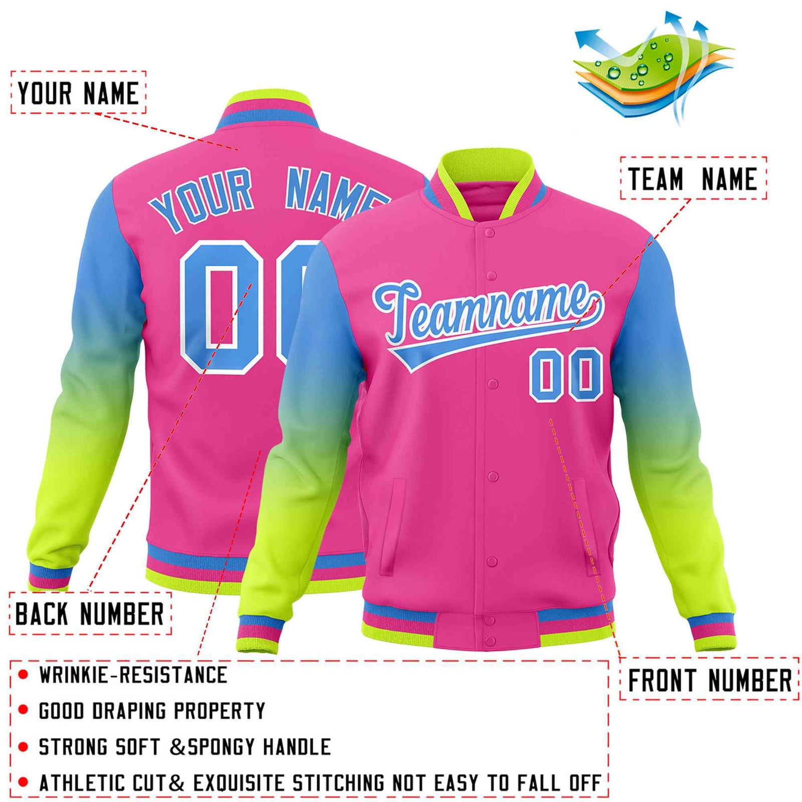 Custom Pink Powder Blue White Full-Snap Varsity Raglan Sleeves Gradient Letterman Jacket| KXKSHOP