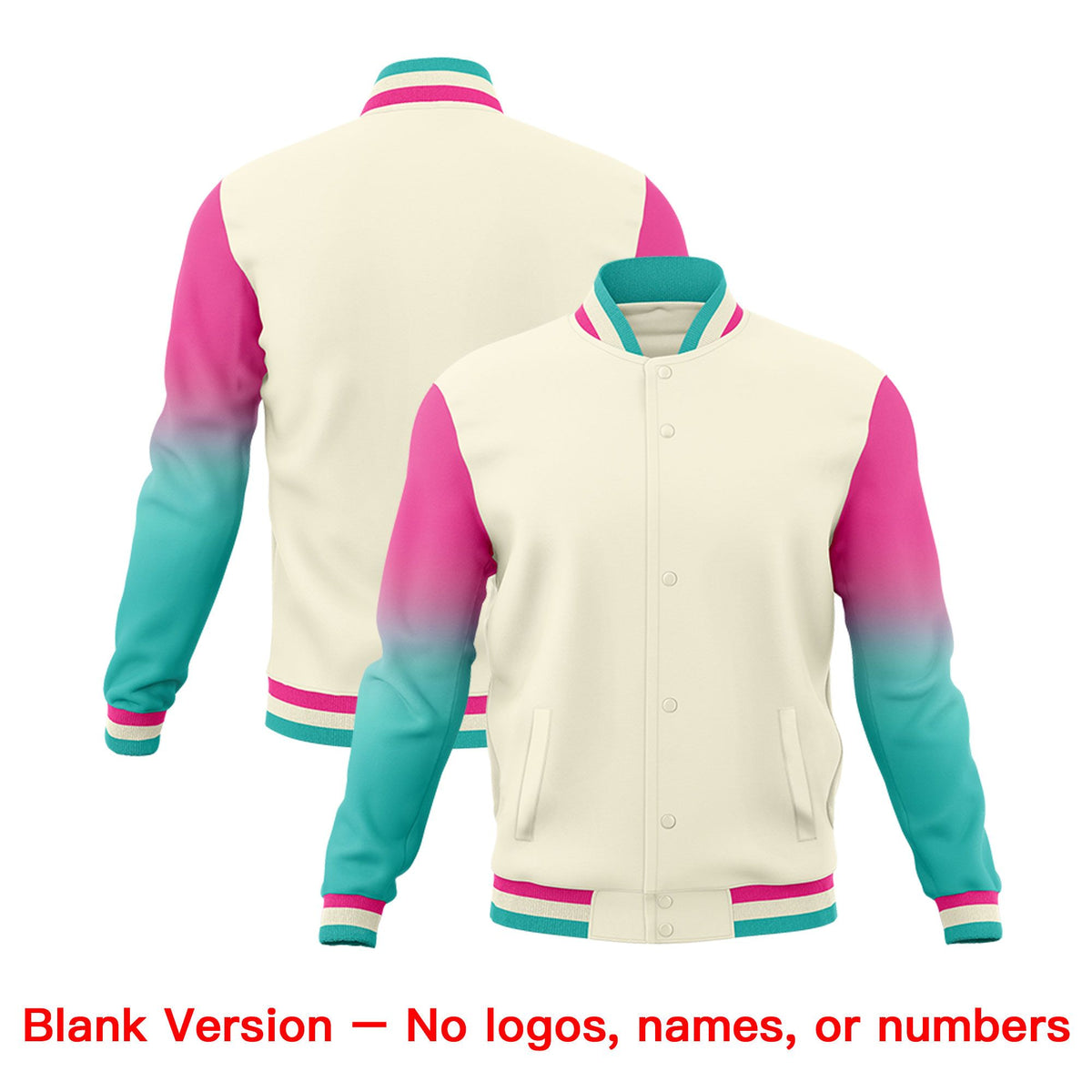 Custom Cream Pink Bright Green Full-Snap Varsity Raglan Sleeves Gradient Letterman Jacket| KXKSHOP