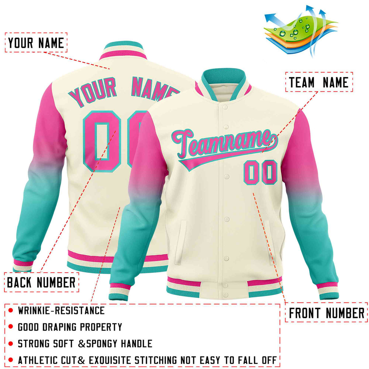 Custom Cream Pink Bright Green Full-Snap Varsity Raglan Sleeves Gradient Letterman Jacket| KXKSHOP