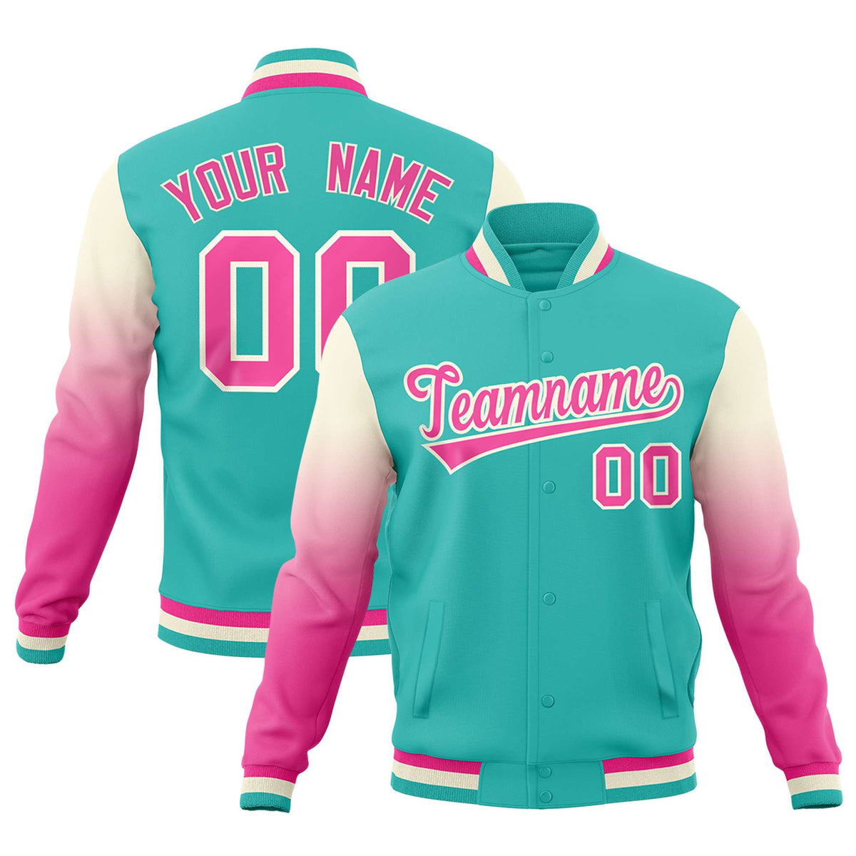 Custom Bright Green Pink Cream Full-Snap Varsity Raglan Sleeves Gradient Letterman Jacket| KXKSHOP