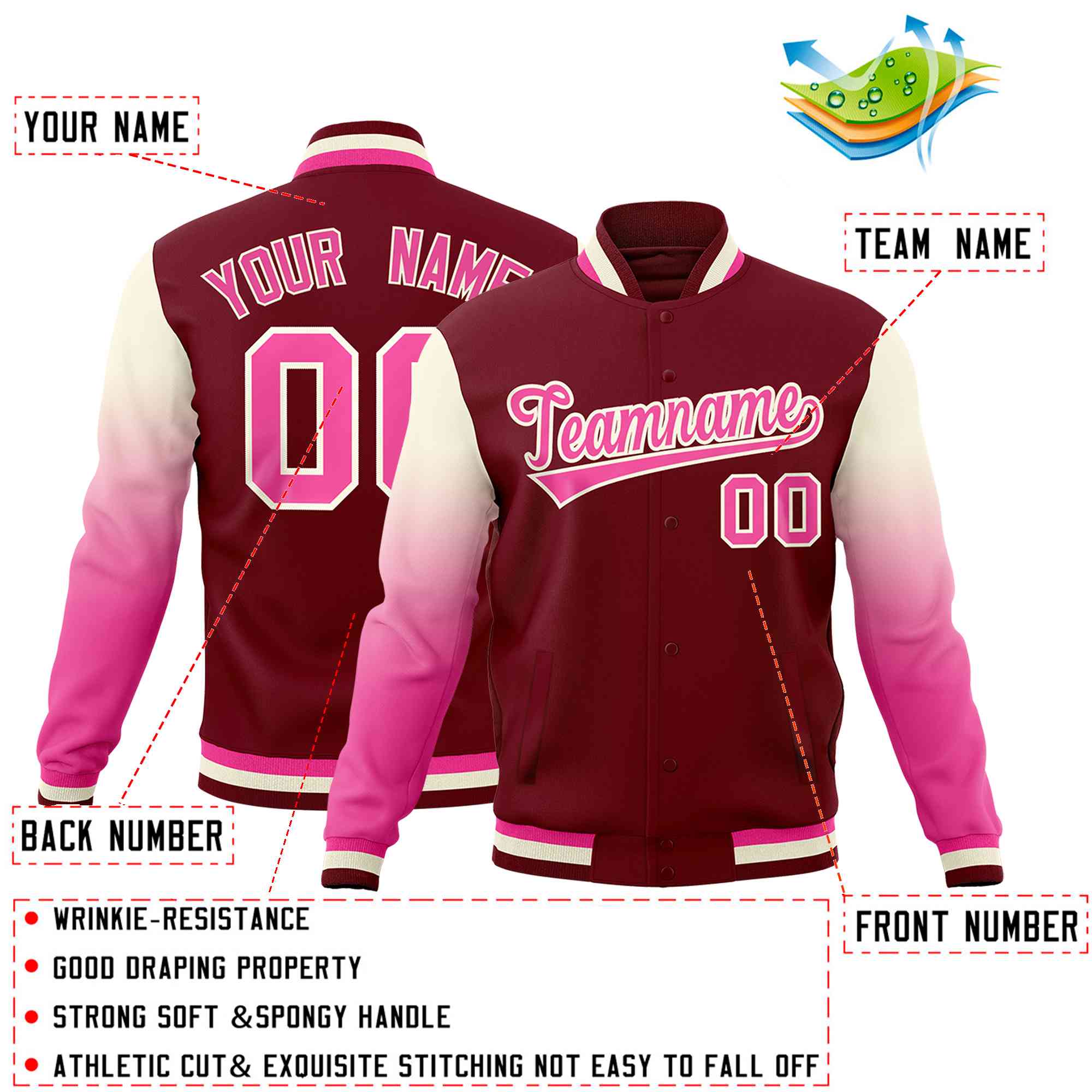 Custom Crimson Pink Cream Full-Snap Varsity Raglan Sleeves Gradient Letterman Jacket| KXKSHOP