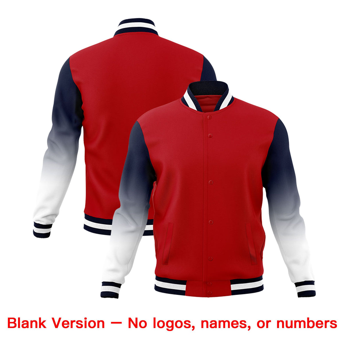 Custom Red Navy White Full-Snap Varsity Raglan Sleeves Gradient Letterman Jacket