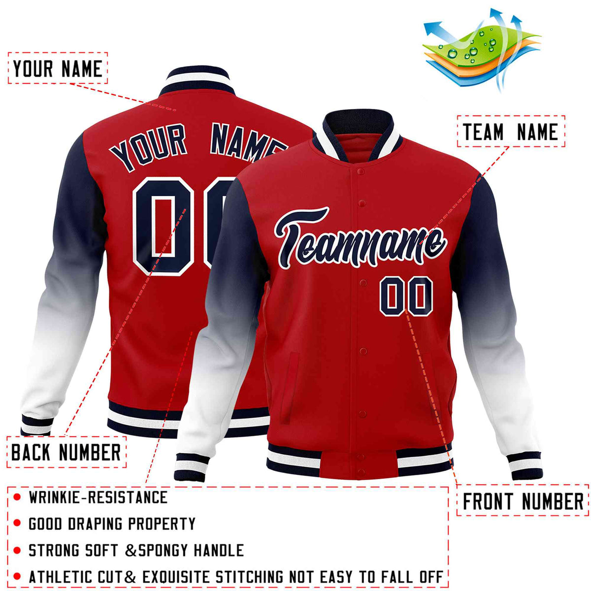 Custom Red Navy White Full-Snap Varsity Raglan Sleeves Gradient Letterman Jacket