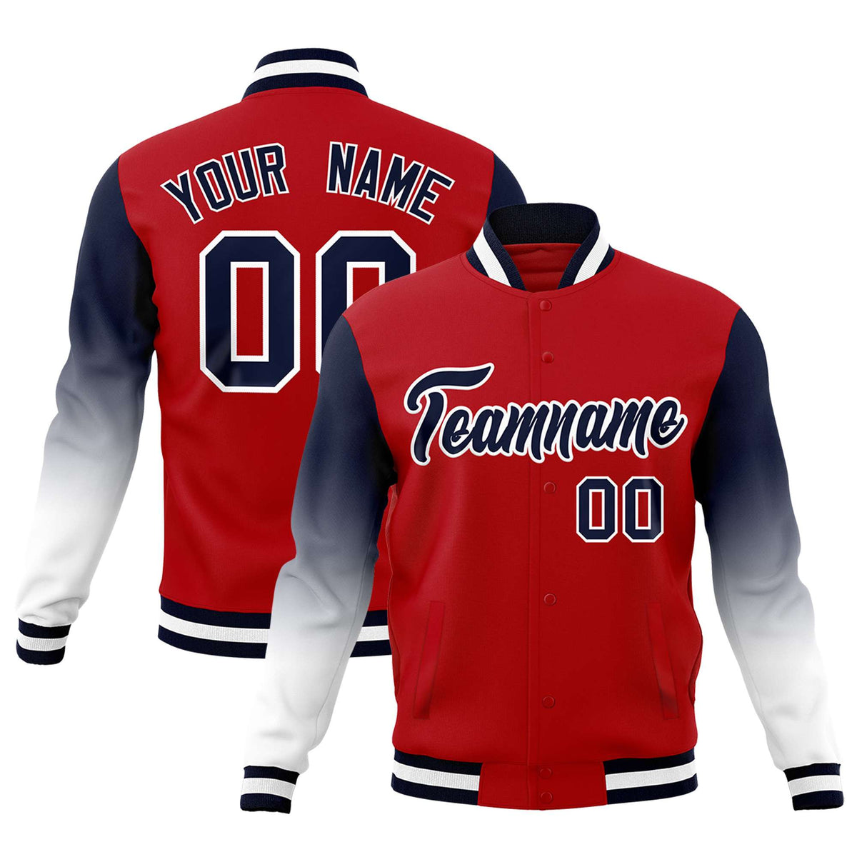 Custom Red Navy White Full-Snap Varsity Raglan Sleeves Gradient Letterman Jacket