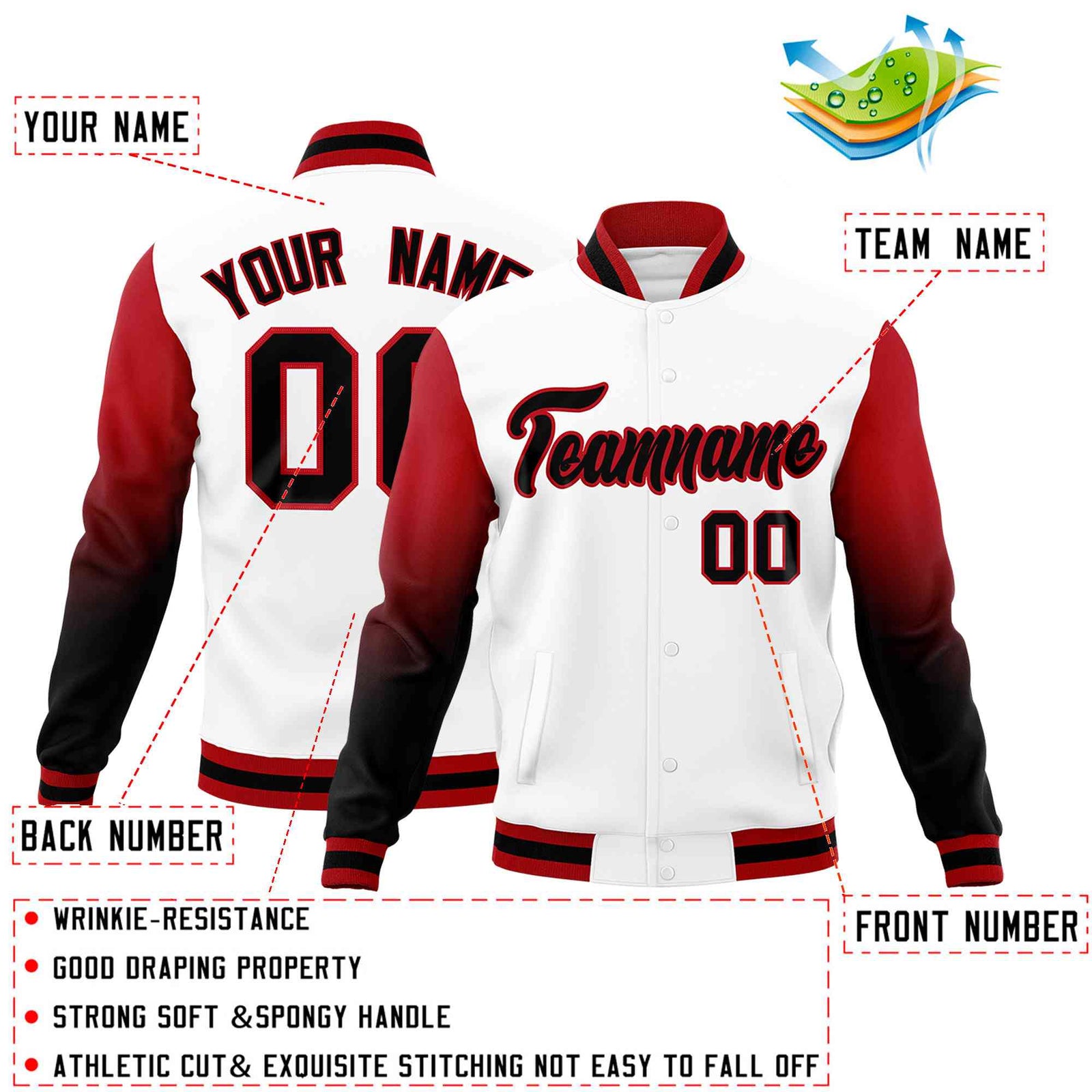Custom White Black Red Full-Snap Varsity Raglan Sleeves Gradient Letterman Jacket