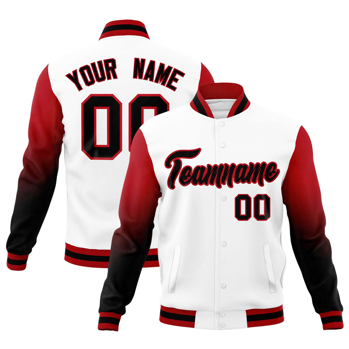 Custom White Black Red Full-Snap Varsity Raglan Sleeves Gradient Letterman Jacket