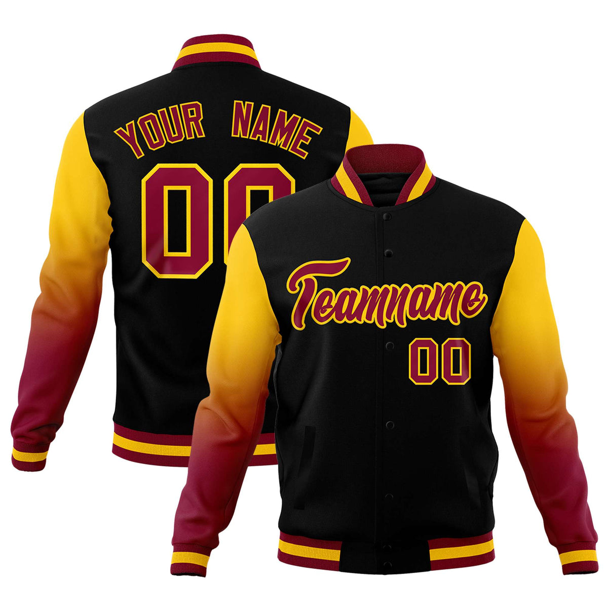 Custom Black Crimson Gold Full-Snap Varsity Raglan Sleeves Gradient Letterman Jacket