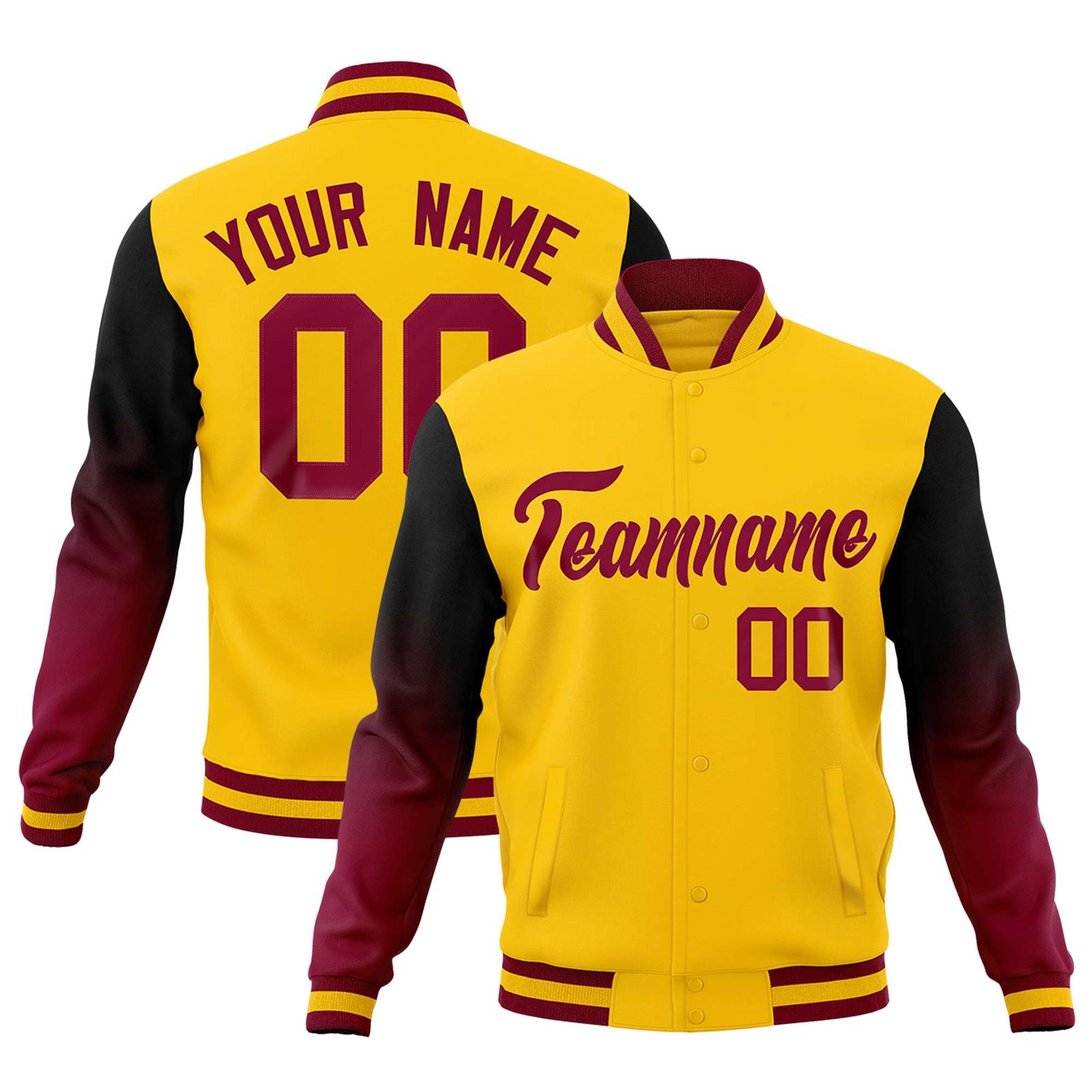 Custom Gold Black Crimson Full-Snap Varsity Raglan Sleeves Gradient Letterman Jacket