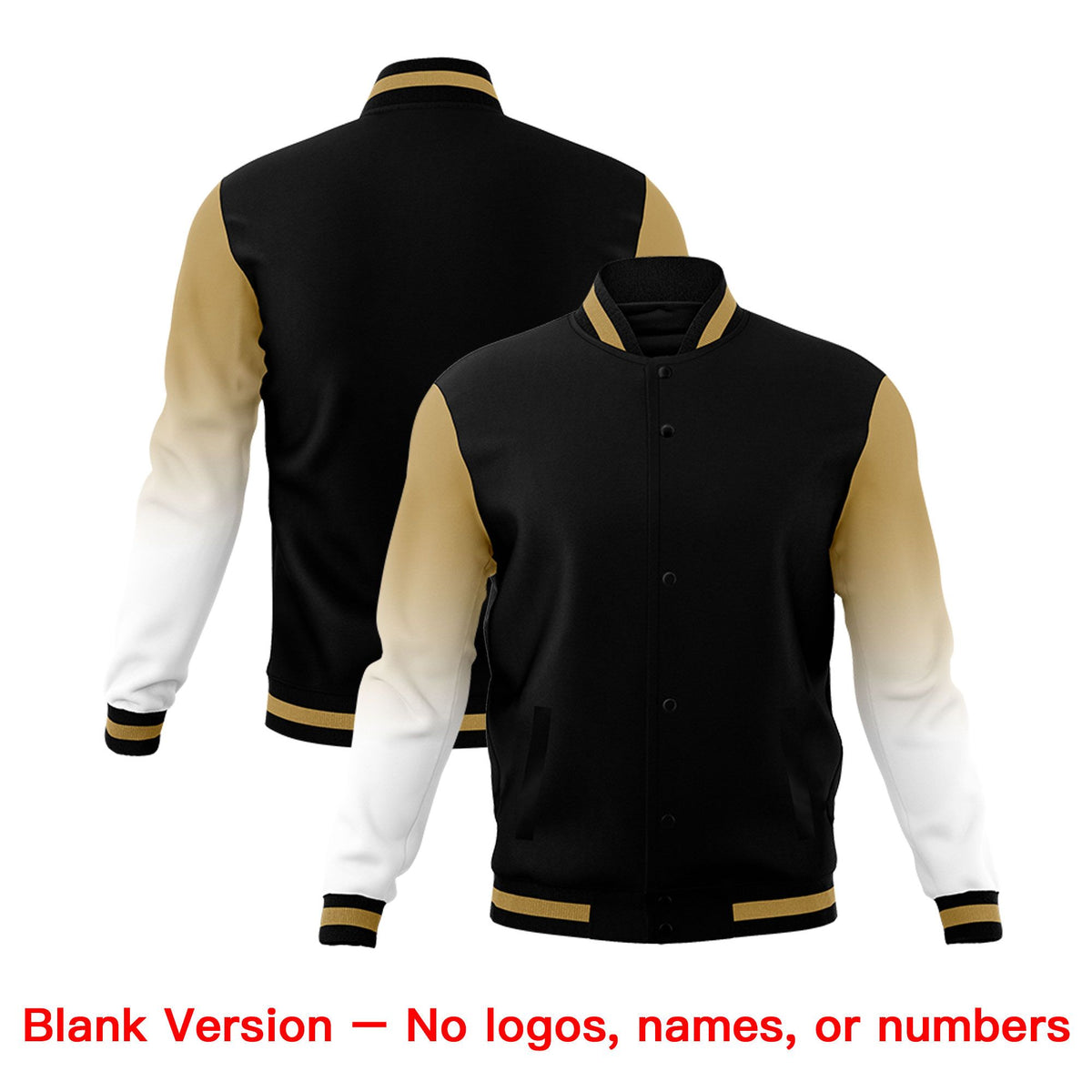 Custom Black White Old Gold Full-Snap Varsity Raglan Sleeves Gradient Letterman Jacket