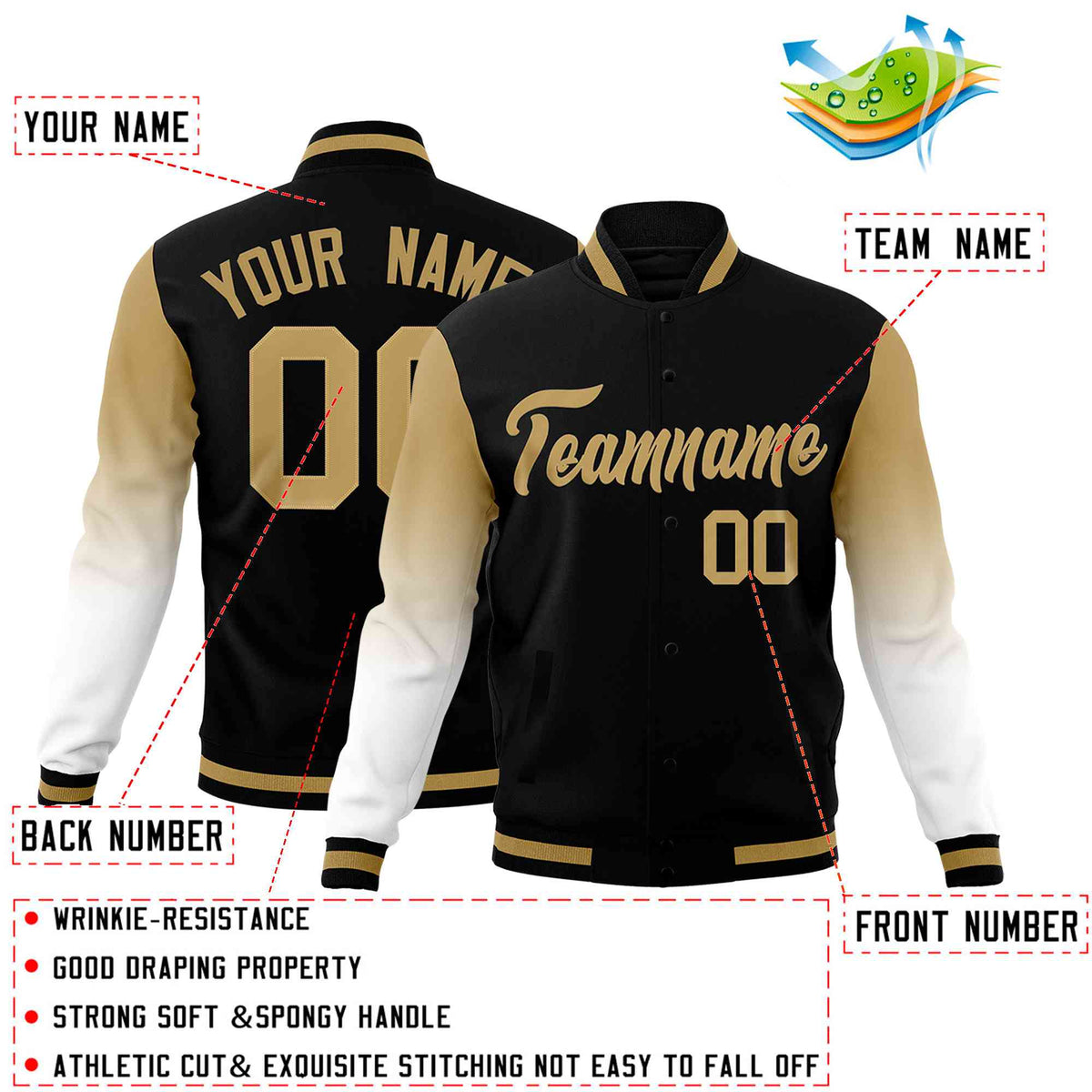 Custom Black White Old Gold Full-Snap Varsity Raglan Sleeves Gradient Letterman Jacket