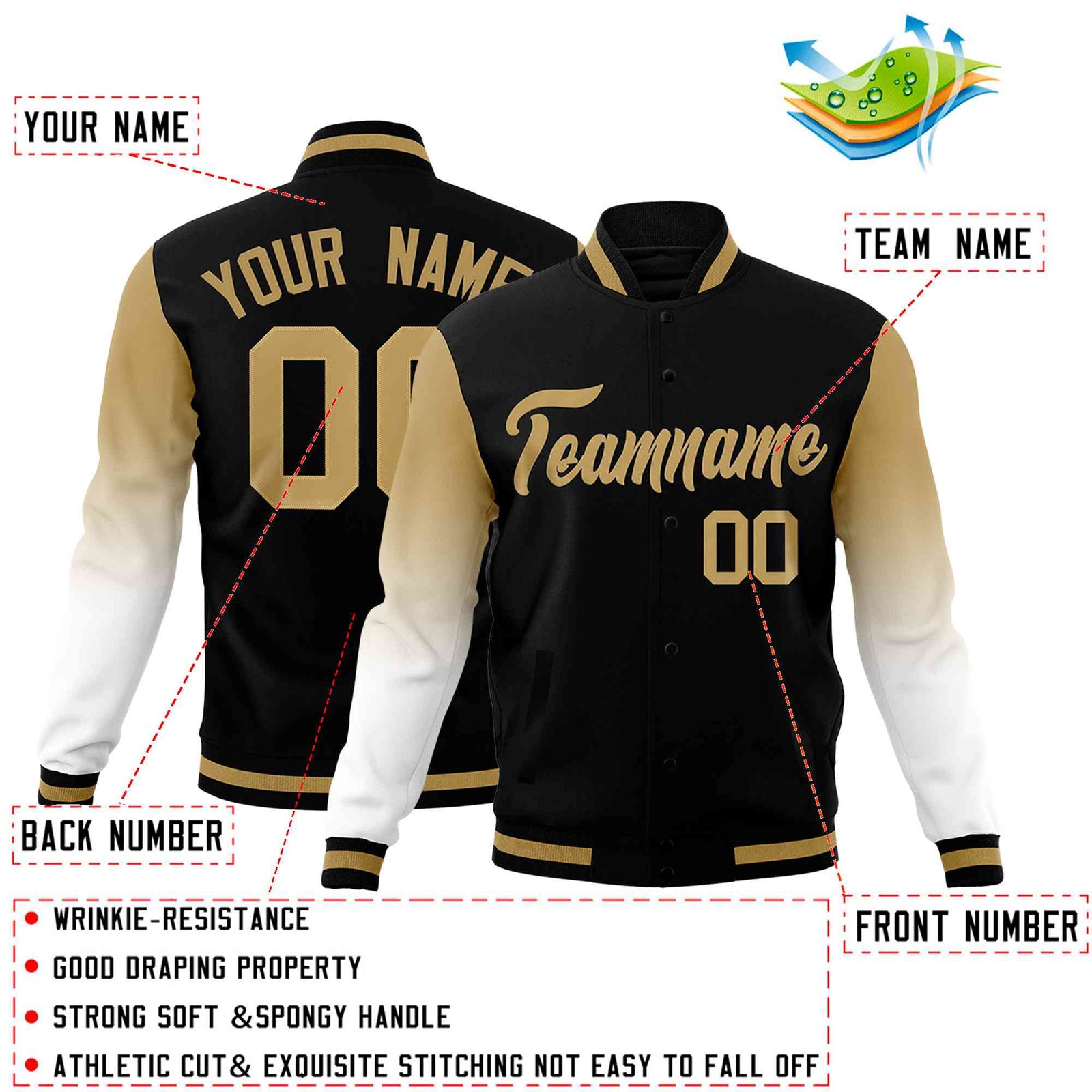 Custom Black White Old Gold Full-Snap Varsity Raglan Sleeves Gradient Letterman Jacket