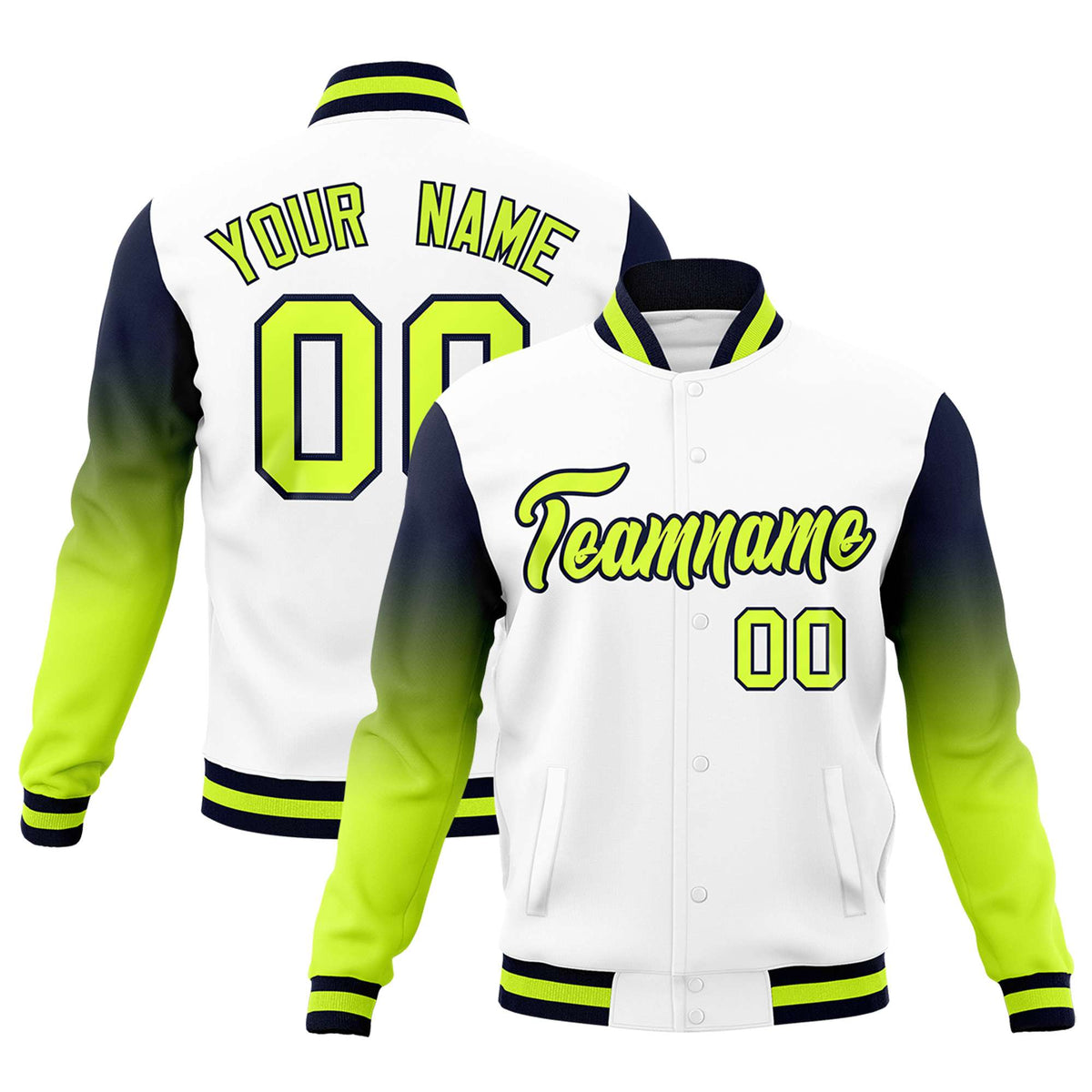 Custom White Neon Green Navy Full-Snap Varsity Raglan Sleeves Gradient Letterman Jacket