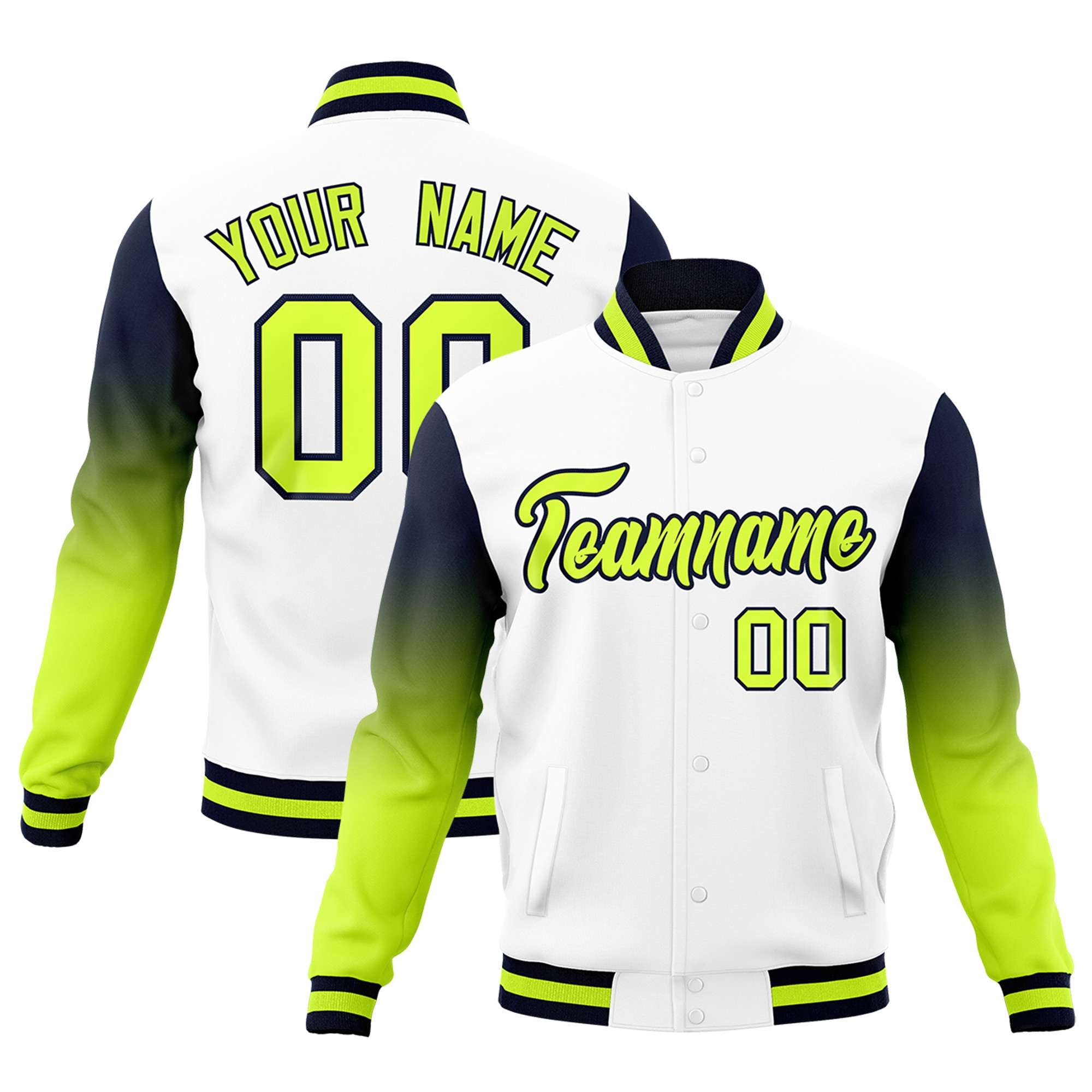 Custom White Neon Green Navy Full-Snap Varsity Raglan Sleeves Gradient Letterman Jacket