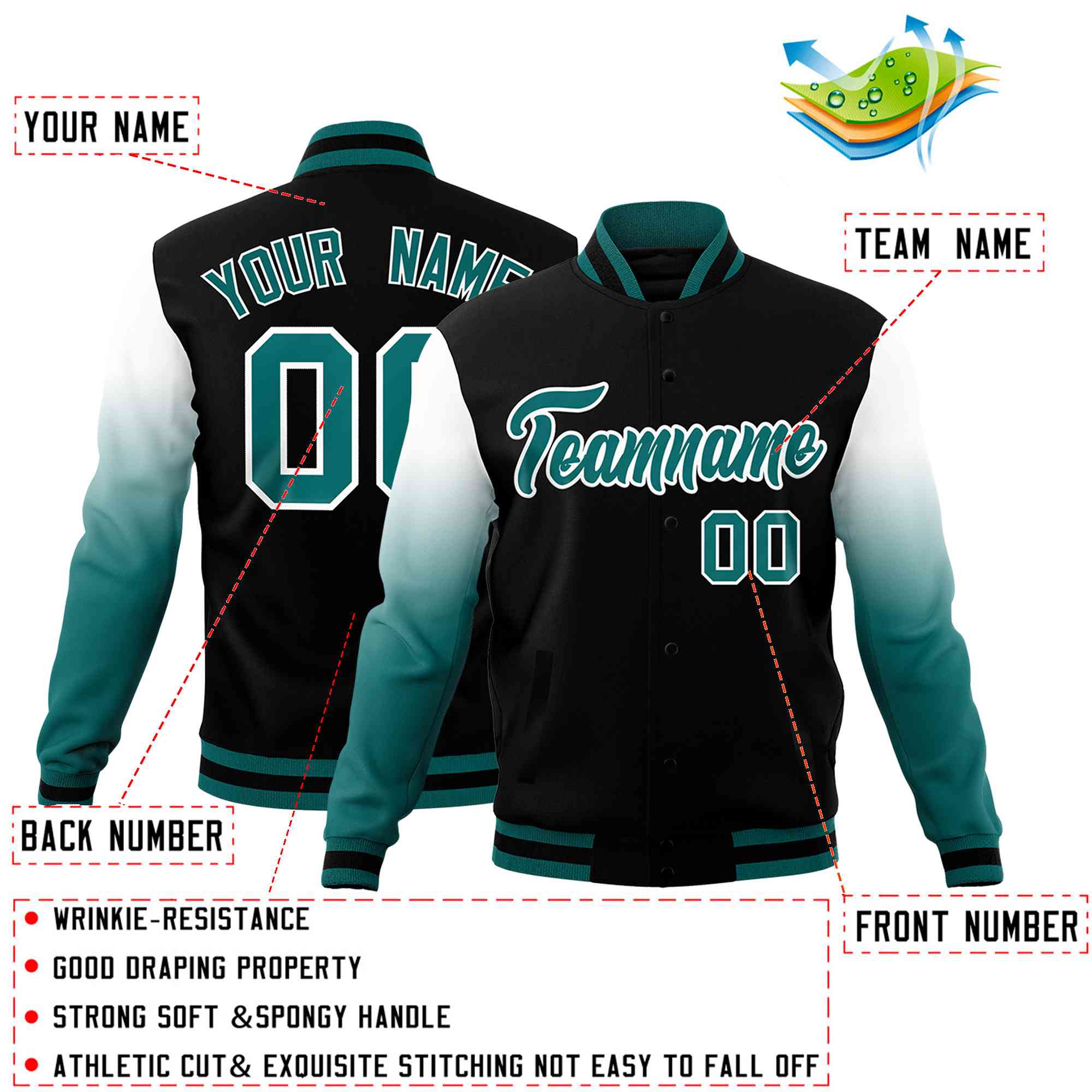 Custom Black Teal White Full-Snap Varsity Raglan Sleeves Gradient Letterman Jacket