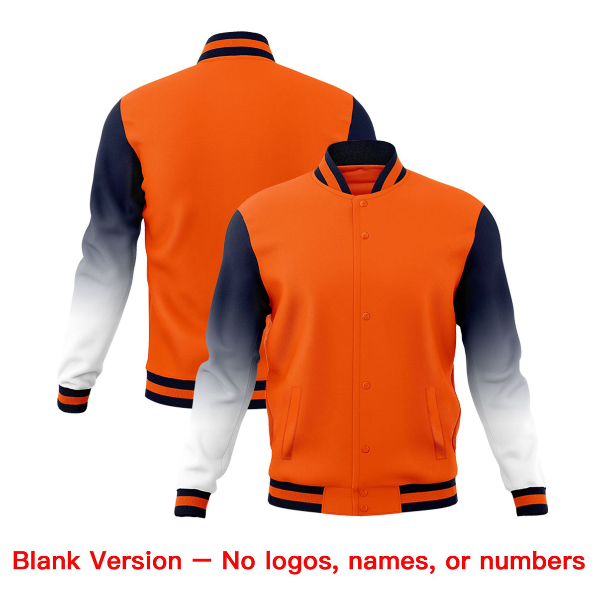 Custom Orange Navy White Full-Snap Varsity Raglan Sleeves Gradient Letterman Jacket