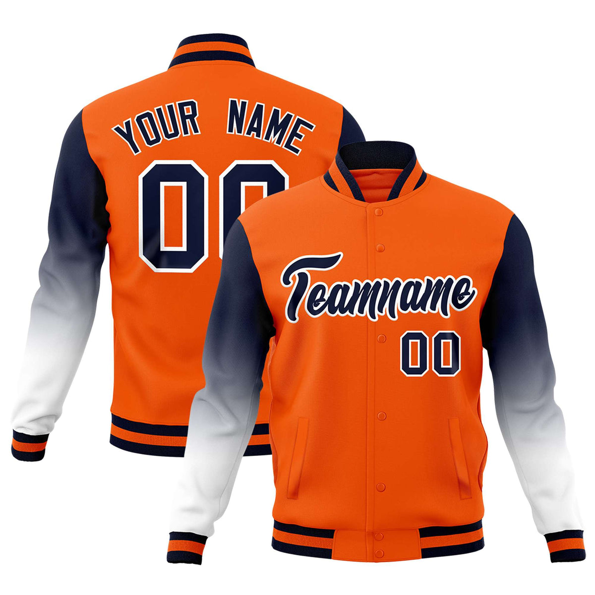 Custom Orange Navy White Full-Snap Varsity Raglan Sleeves Gradient Letterman Jacket