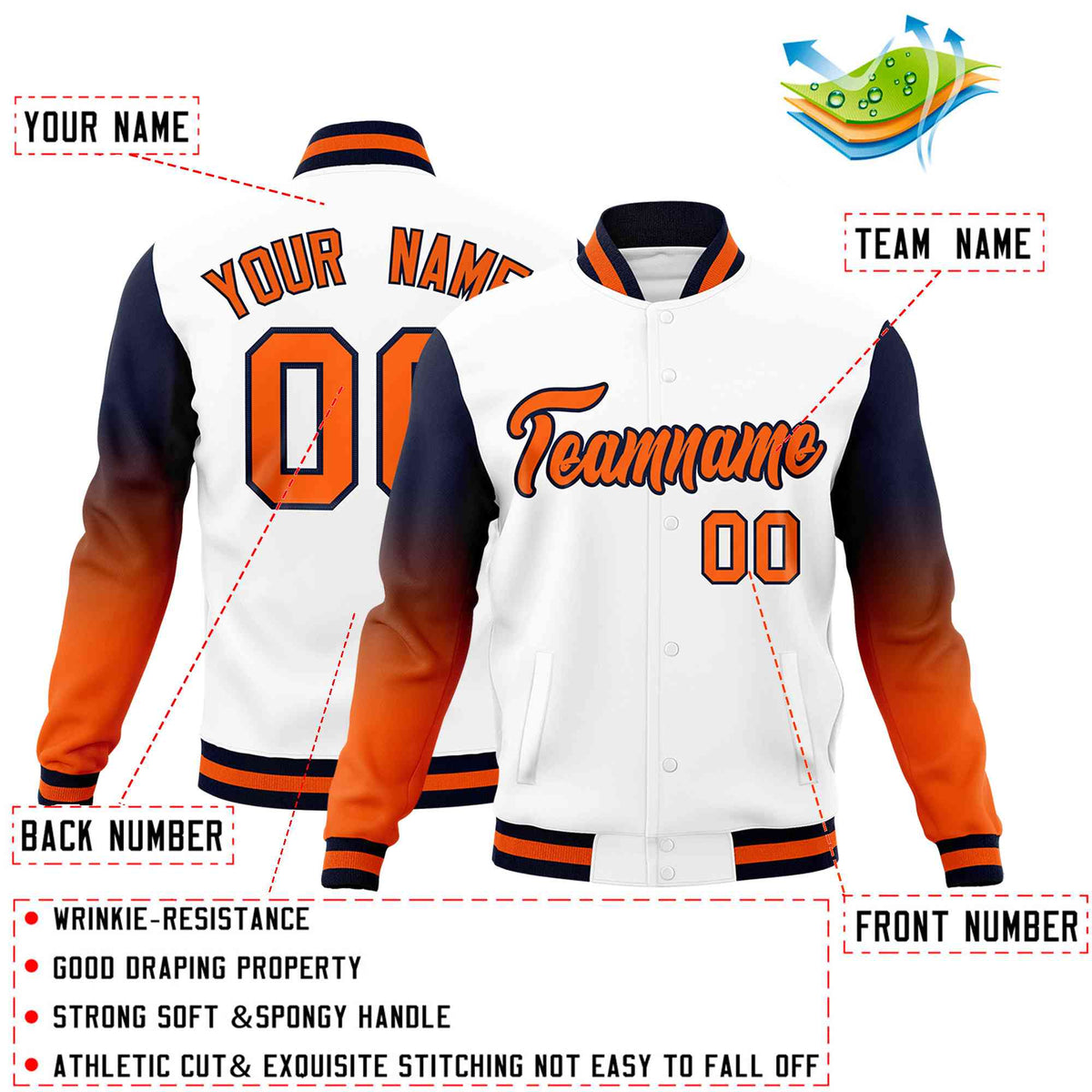 Custom White Orange Navy Full-Snap Varsity Raglan Sleeves Gradient Letterman Jacket