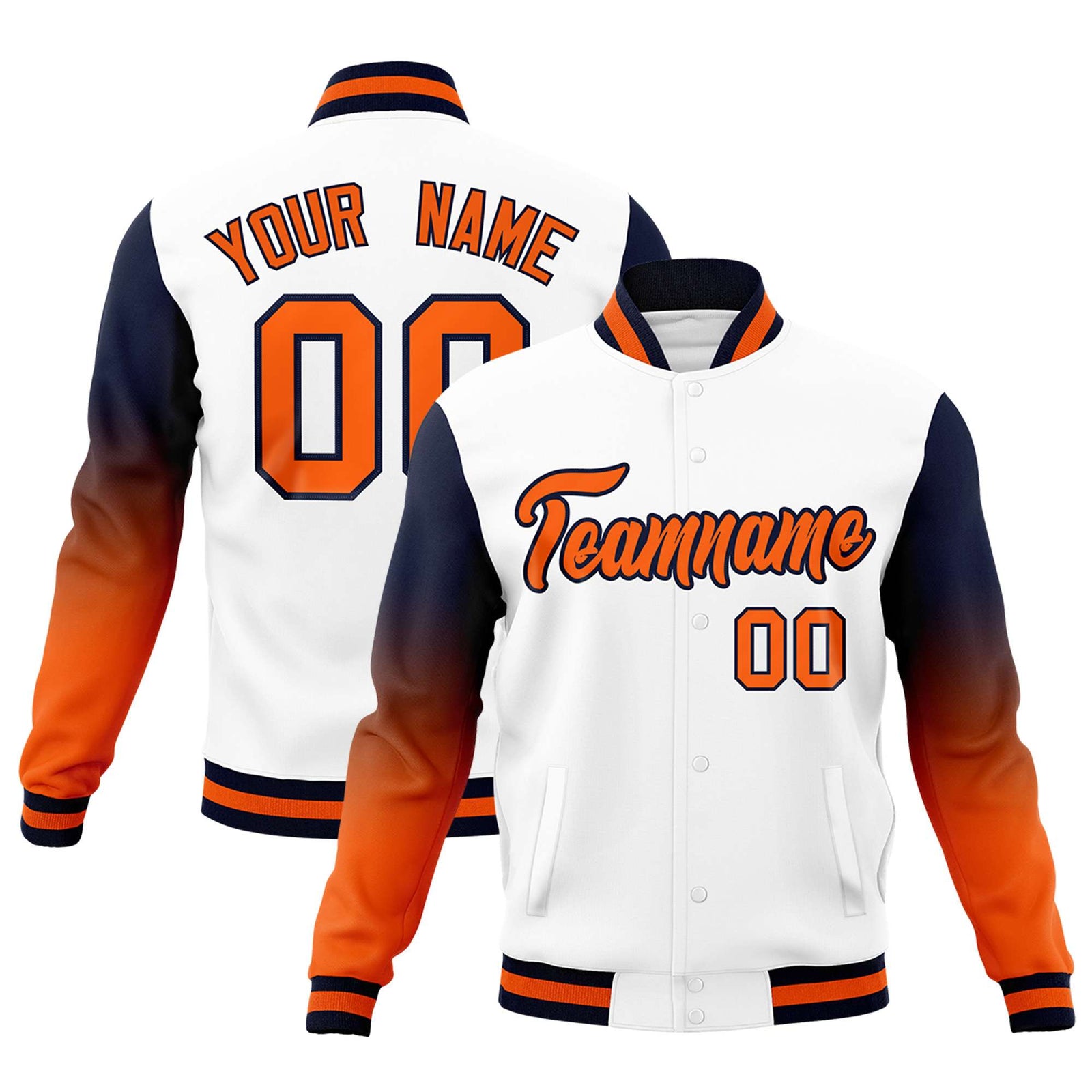 Custom White Orange Navy Full-Snap Varsity Raglan Sleeves Gradient Letterman Jacket