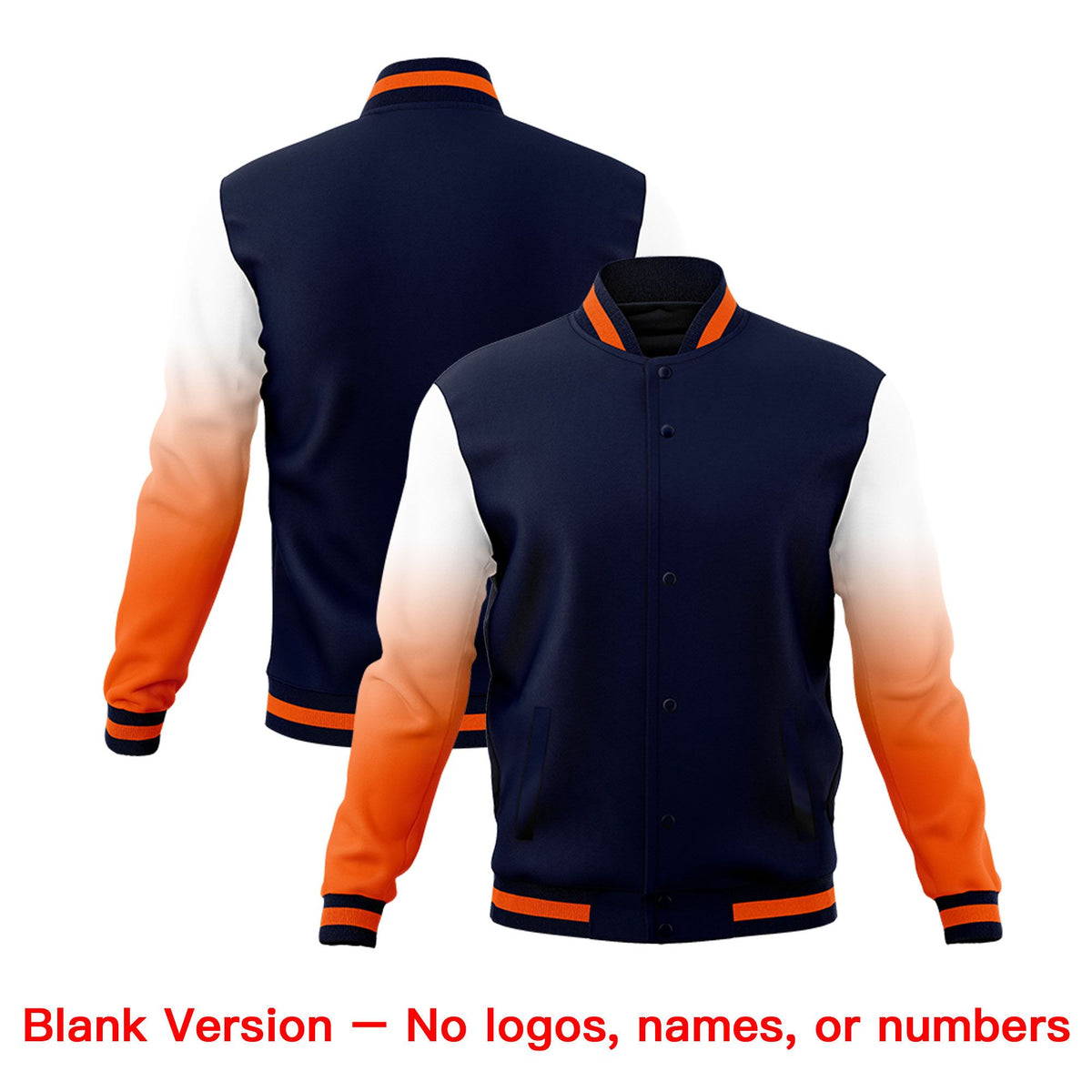 Custom Navy Orange White Full-Snap Varsity Raglan Sleeves Gradient Letterman Jacket