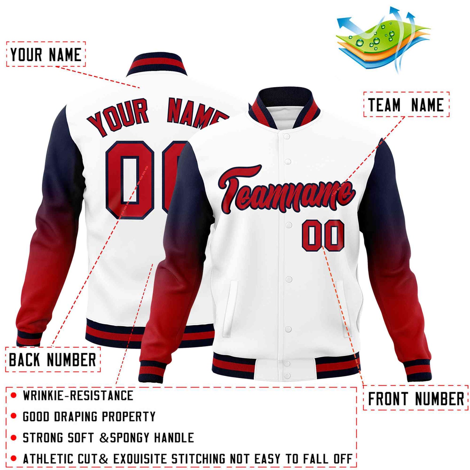 Custom White Red Black Full-Snap Varsity Raglan Sleeves Gradient Letterman Jacket