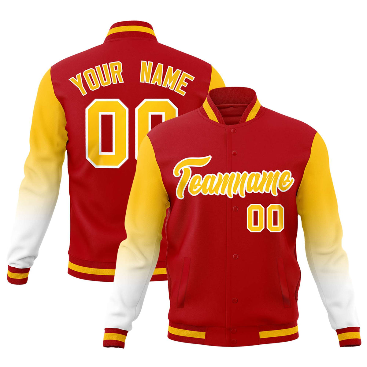 Custom Red Gold White Full-Snap Varsity Raglan Sleeves Gradient Letterman Jacket