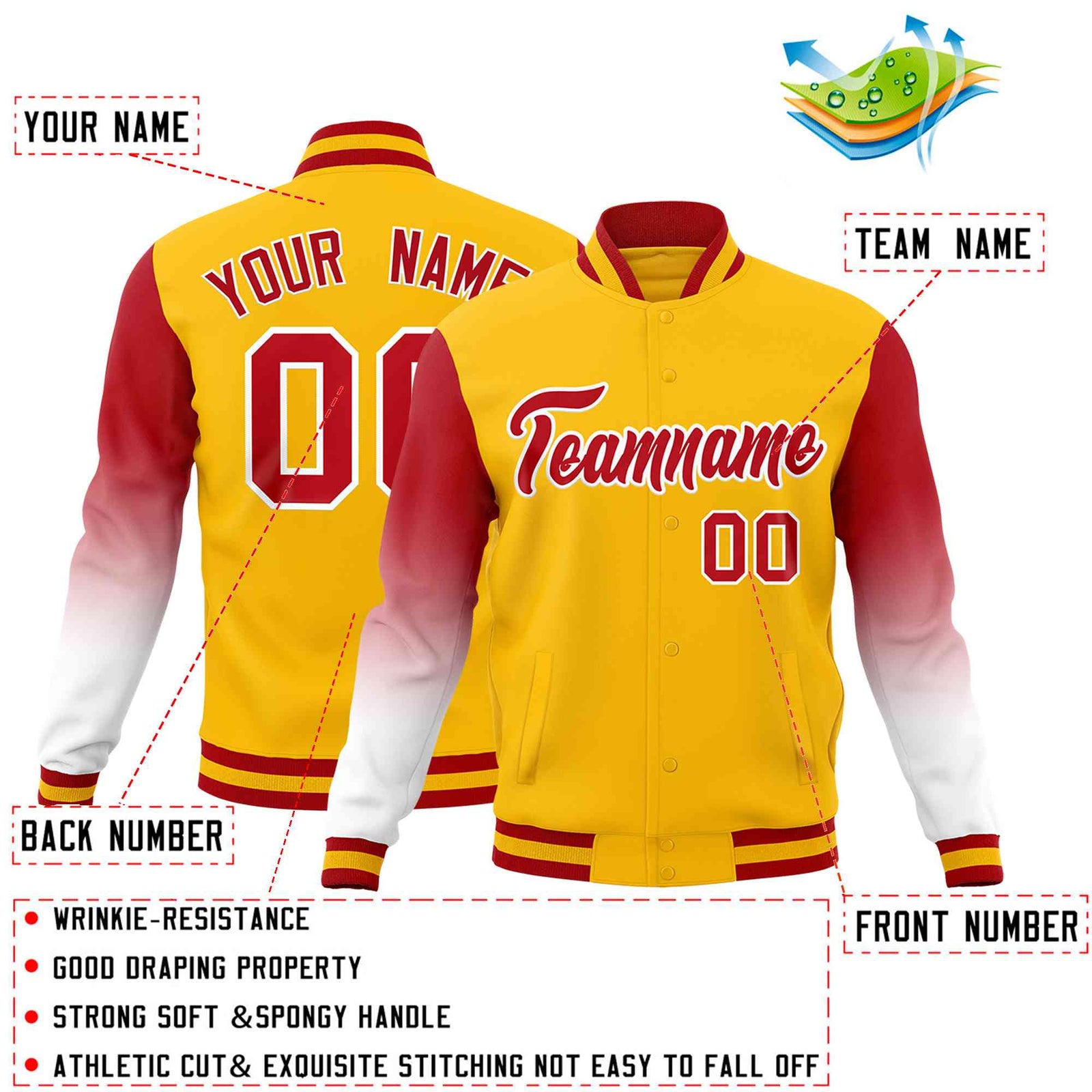 Custom Gold Red White Full-Snap Varsity Raglan Sleeves Gradient Letterman Jacket