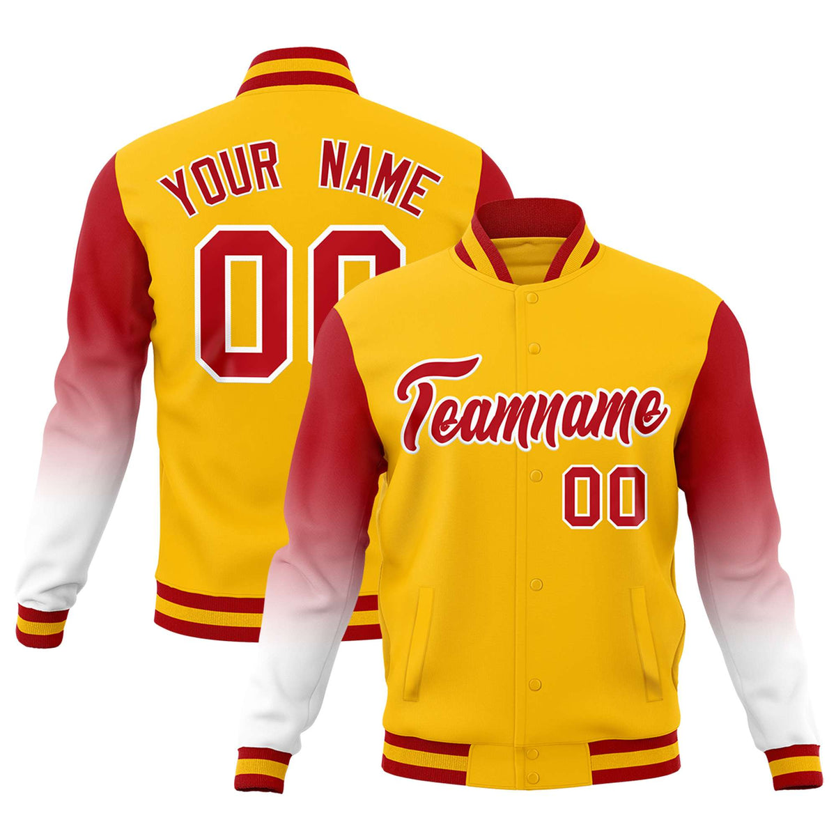 Custom Gold Red White Full-Snap Varsity Raglan Sleeves Gradient Letterman Jacket