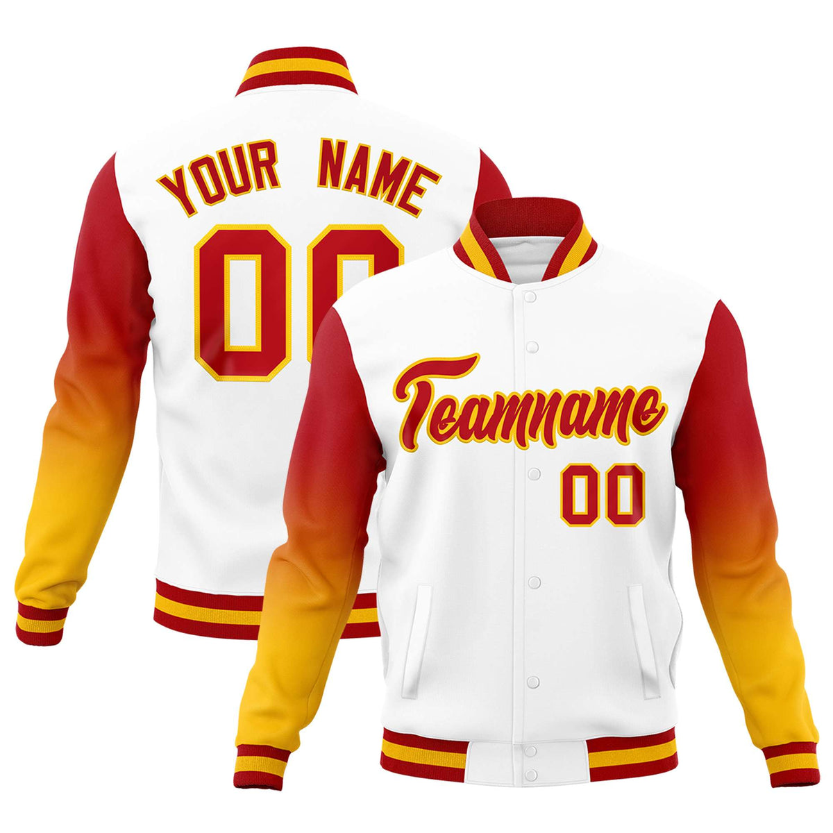 Custom White Red Gold Full-Snap Varsity Raglan Sleeves Gradient Letterman Jacket
