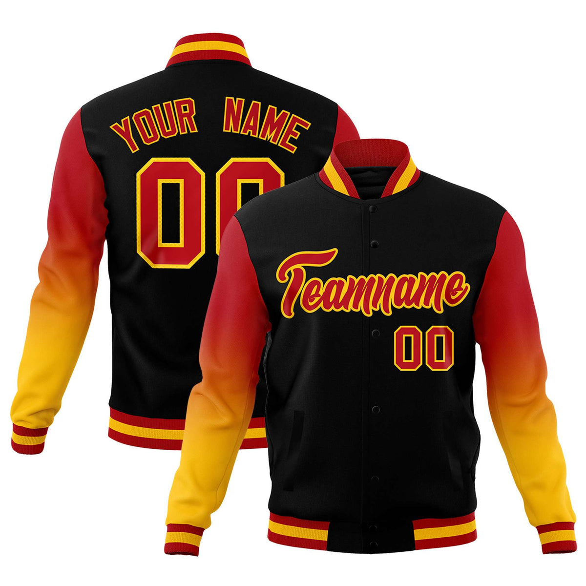 Custom Black Red Gold Full-Snap Varsity Raglan Sleeves Gradient Letterman Jacket