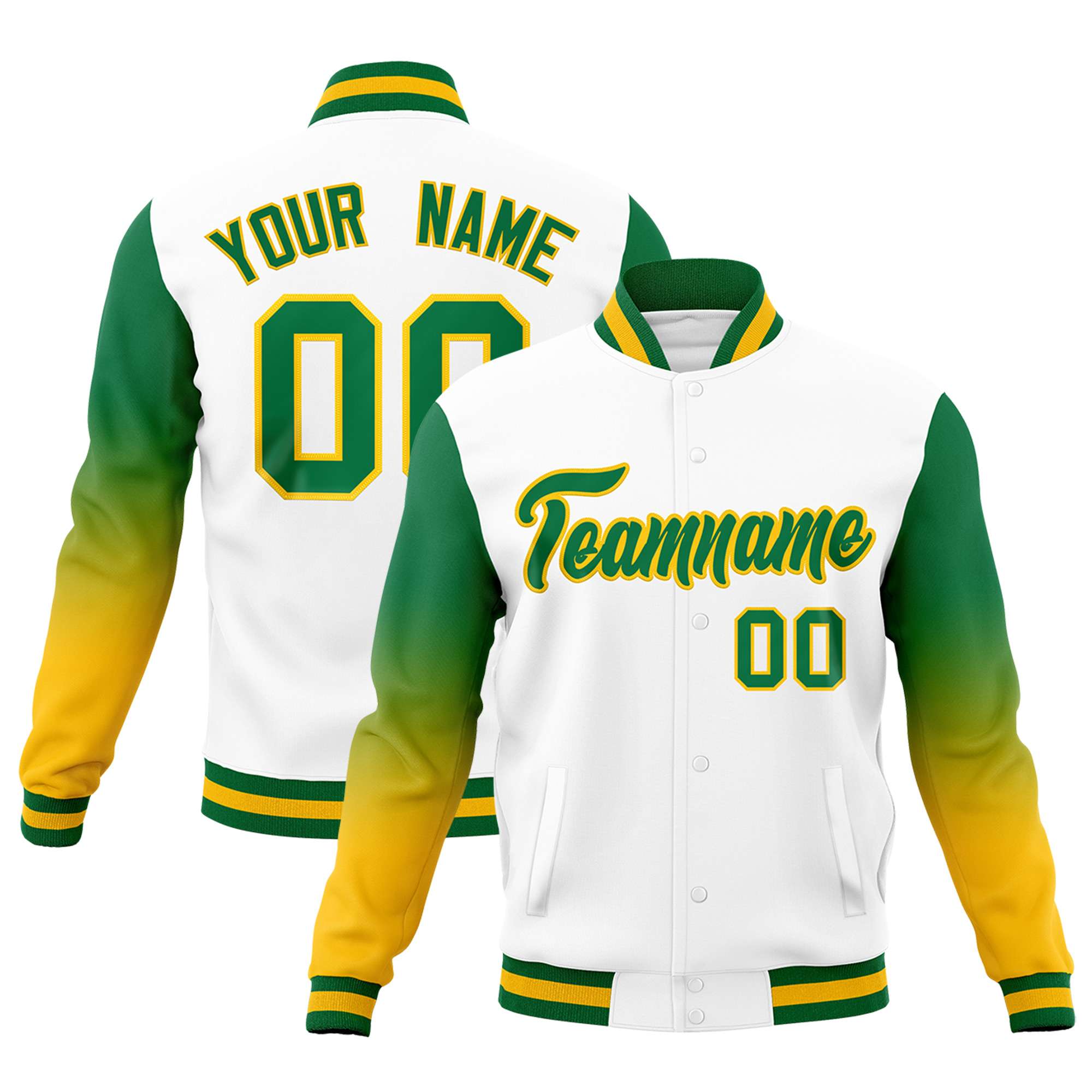 Custom White Kelly Green Gold Full-Snap Varsity Raglan Sleeves Gradient Letterman Jacket