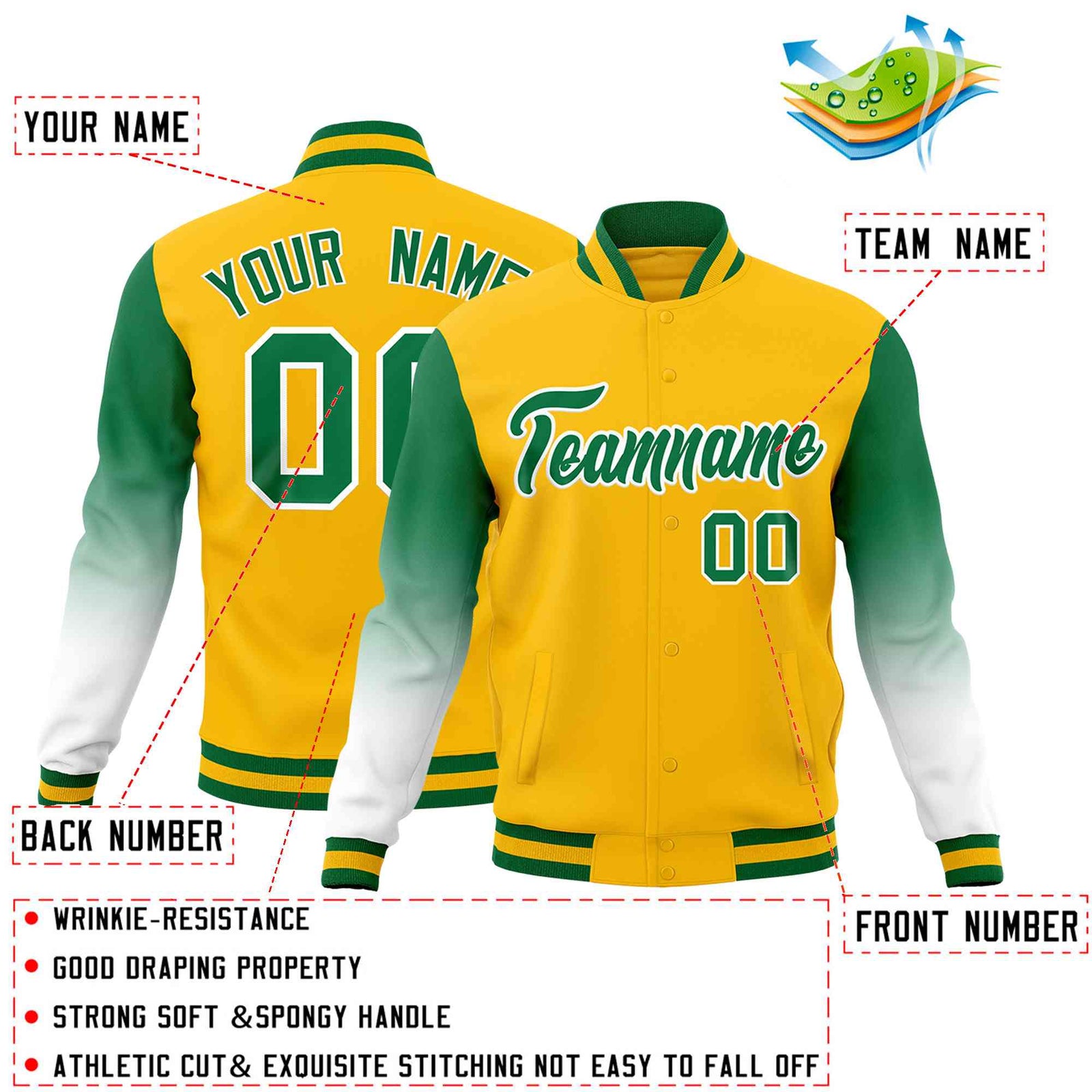 Custom Gold Kelly Green White Full-Snap Varsity Raglan Sleeves Gradient Letterman Jacket