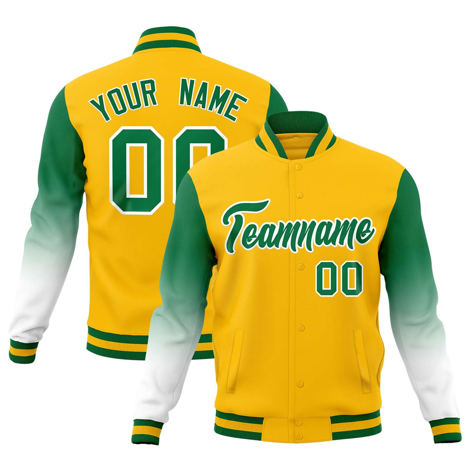 Custom Gold Kelly Green White Full-Snap Varsity Raglan Sleeves Gradient Letterman Jacket