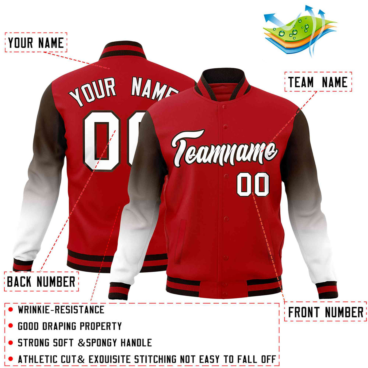 Custom Red White Brown Full-Snap Varsity Raglan Sleeves Gradient Letterman Jacket