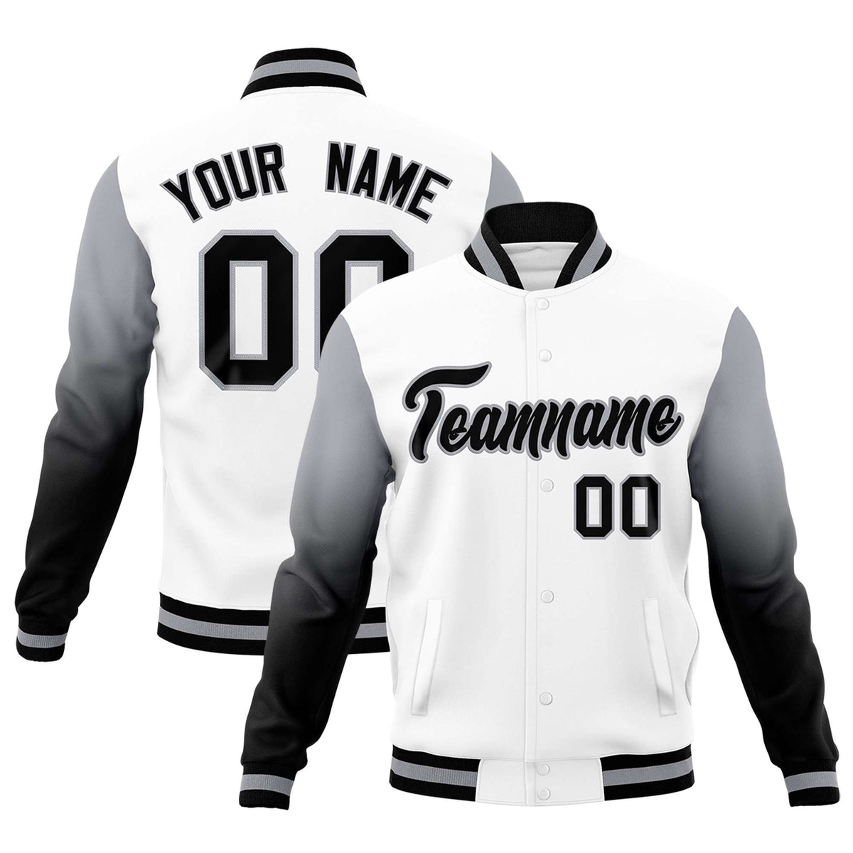 Custom White Black Gray Full-Snap Varsity Raglan Sleeves Gradient Letterman Jacket