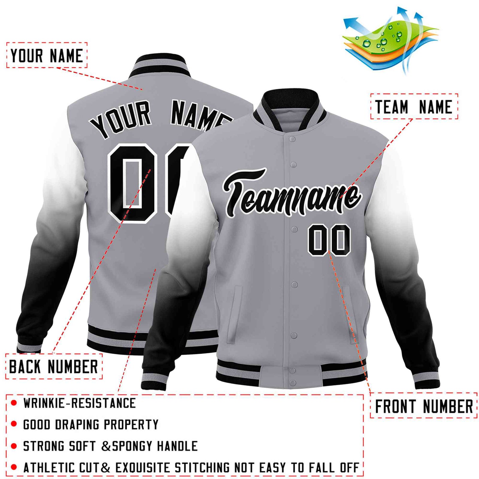 Custom Gray Black White Full-Snap Varsity Raglan Sleeves Gradient Letterman Jacket