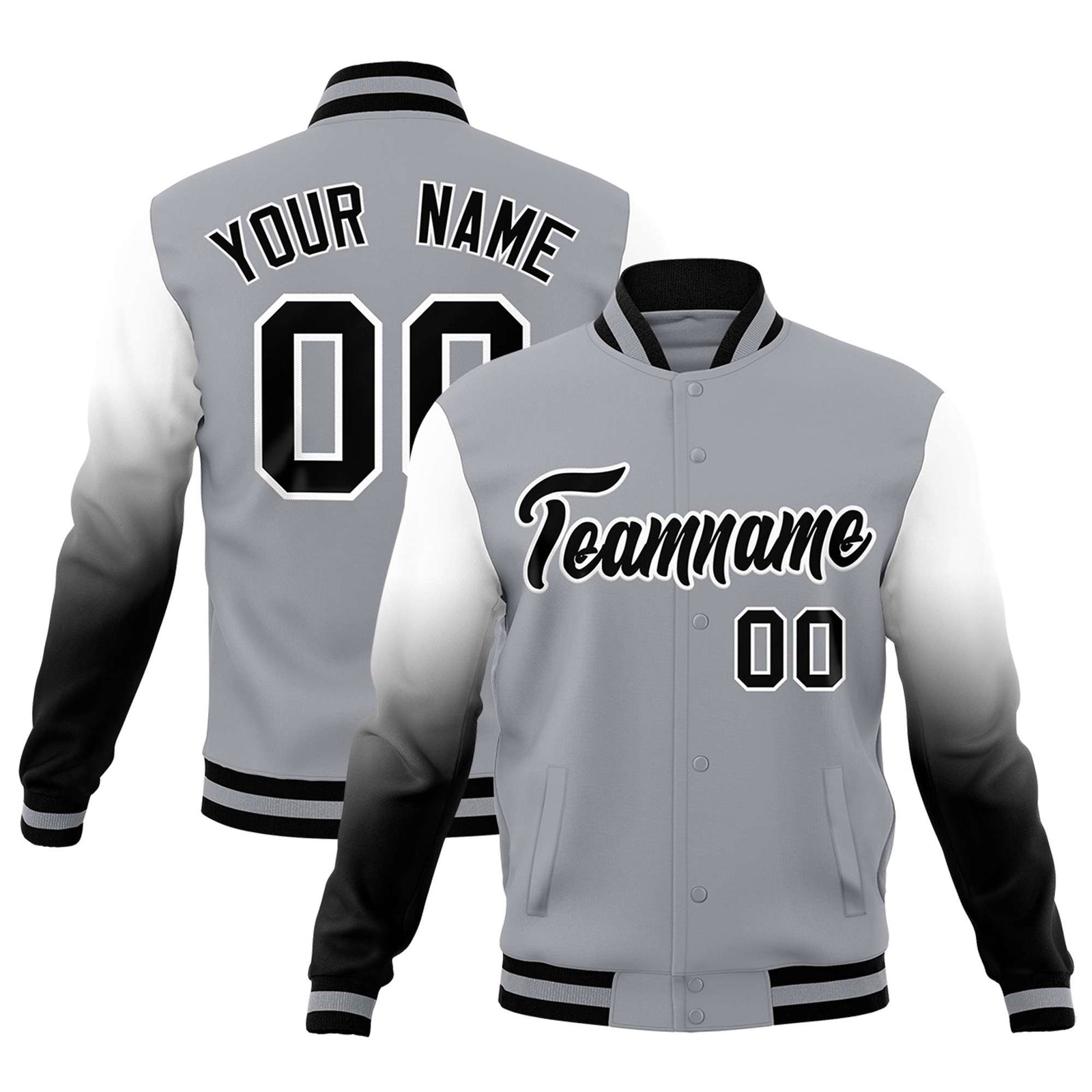 Custom Gray Black White Full-Snap Varsity Raglan Sleeves Gradient Letterman Jacket