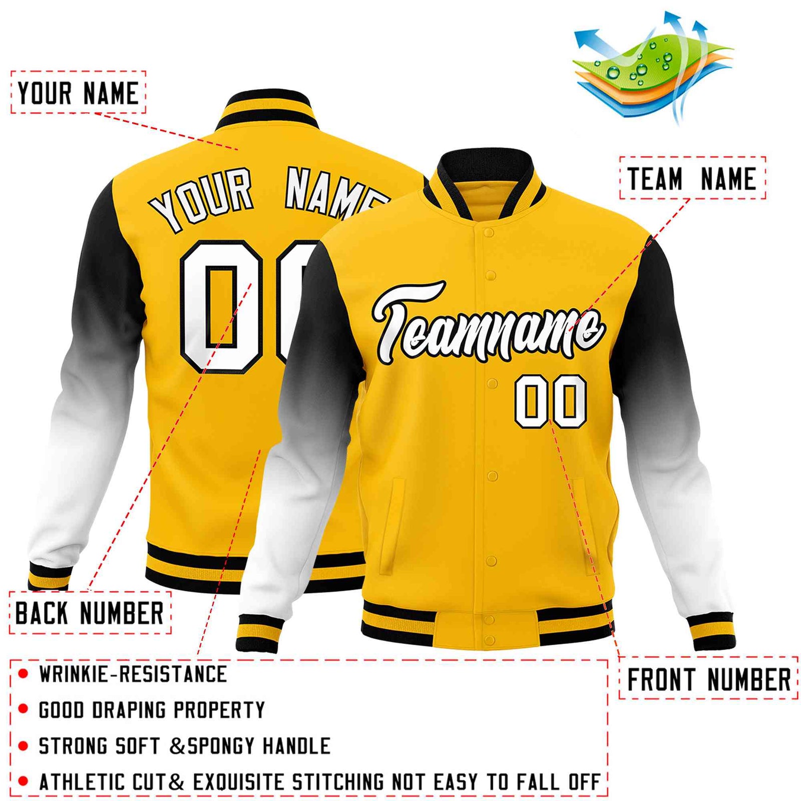 Custom Gold White Black Full-Snap Varsity Raglan Sleeves Gradient Letterman Jacket