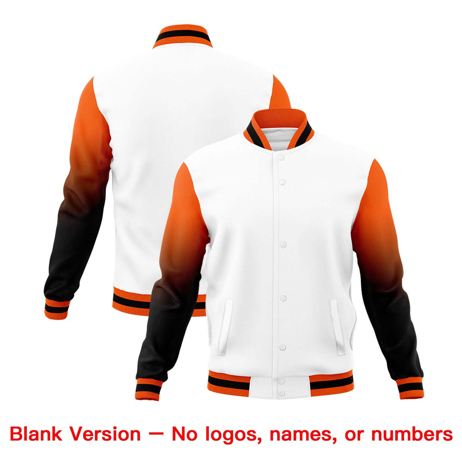 Custom White Orange Black Full-Snap Varsity Raglan Sleeves Gradient Letterman Jacket
