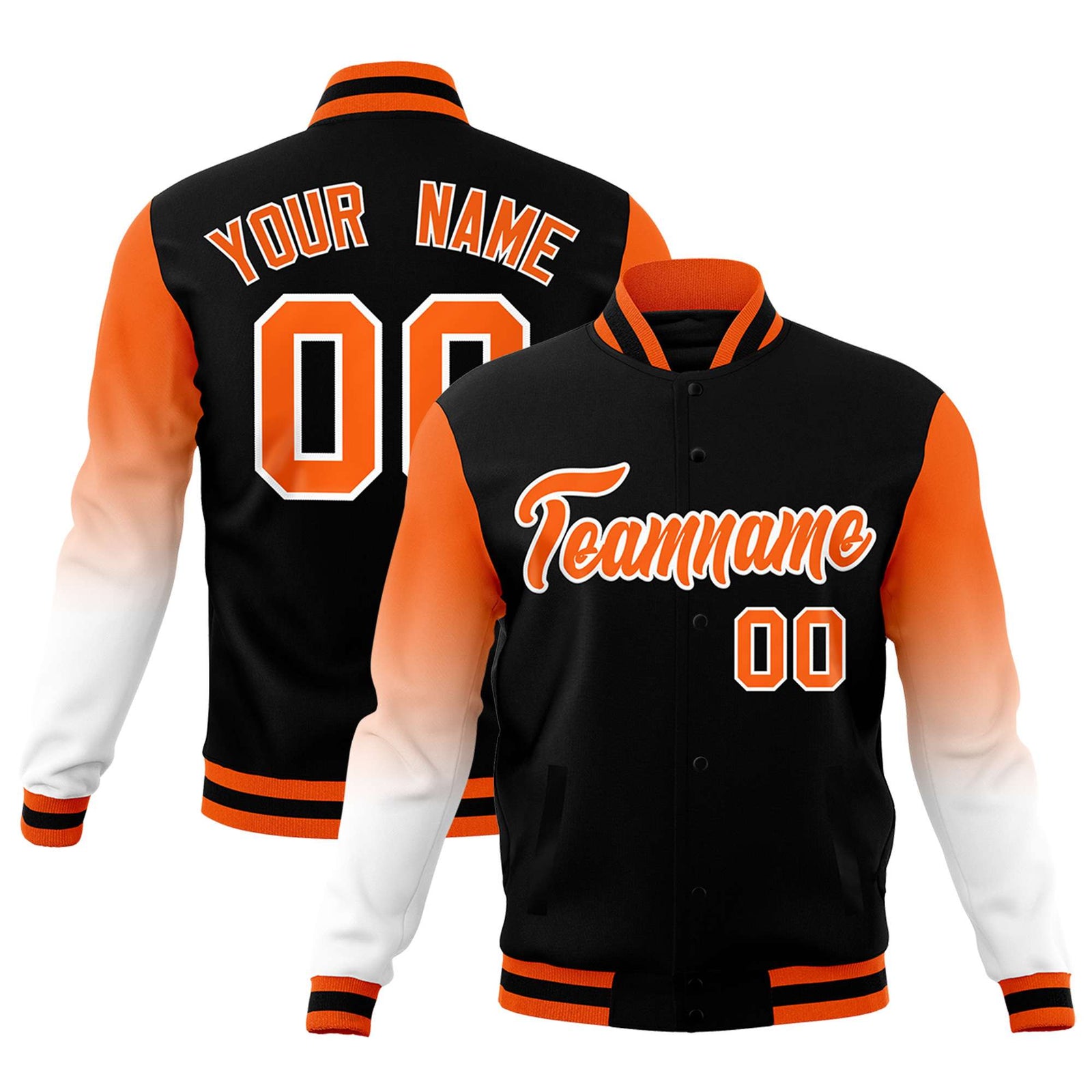 Custom Black Orange White Full-Snap Varsity Raglan Sleeves Gradient Letterman Jacket