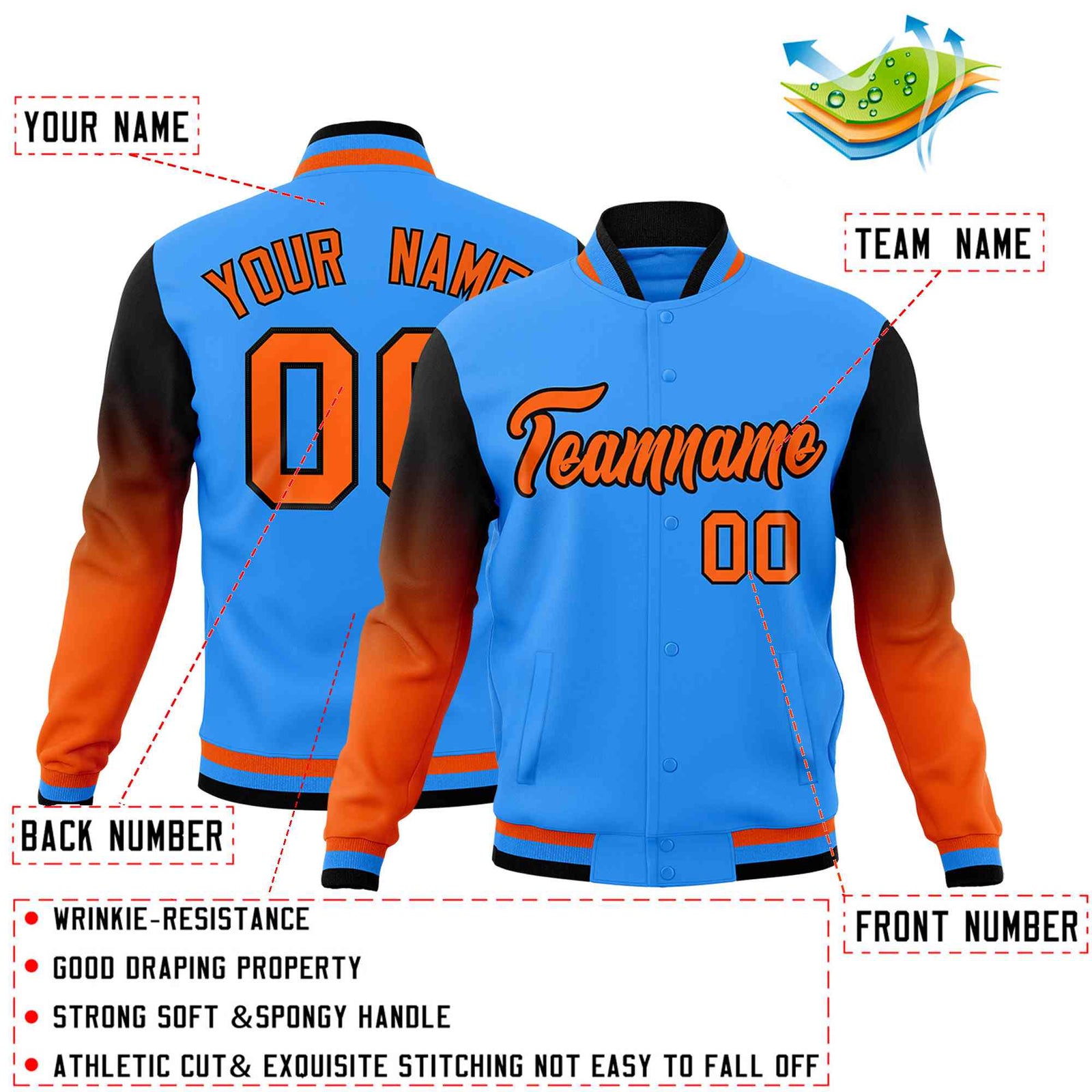 Custom Powder Blue Orange Black Full-Snap Varsity Raglan Sleeves Gradient Letterman Jacket