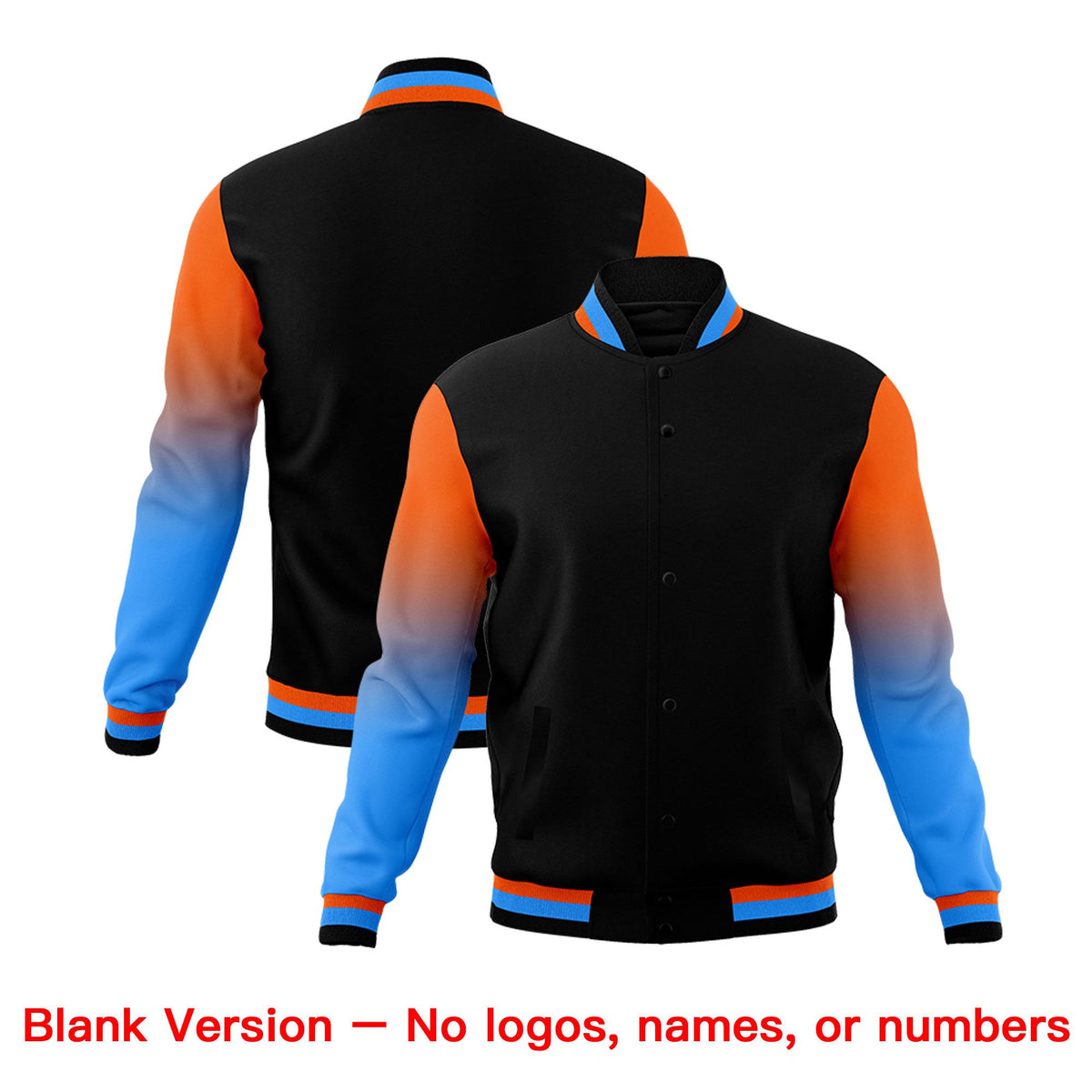 Custom Black Orange Powder Blue Full-Snap Varsity Raglan Sleeves Gradient Letterman Jacket