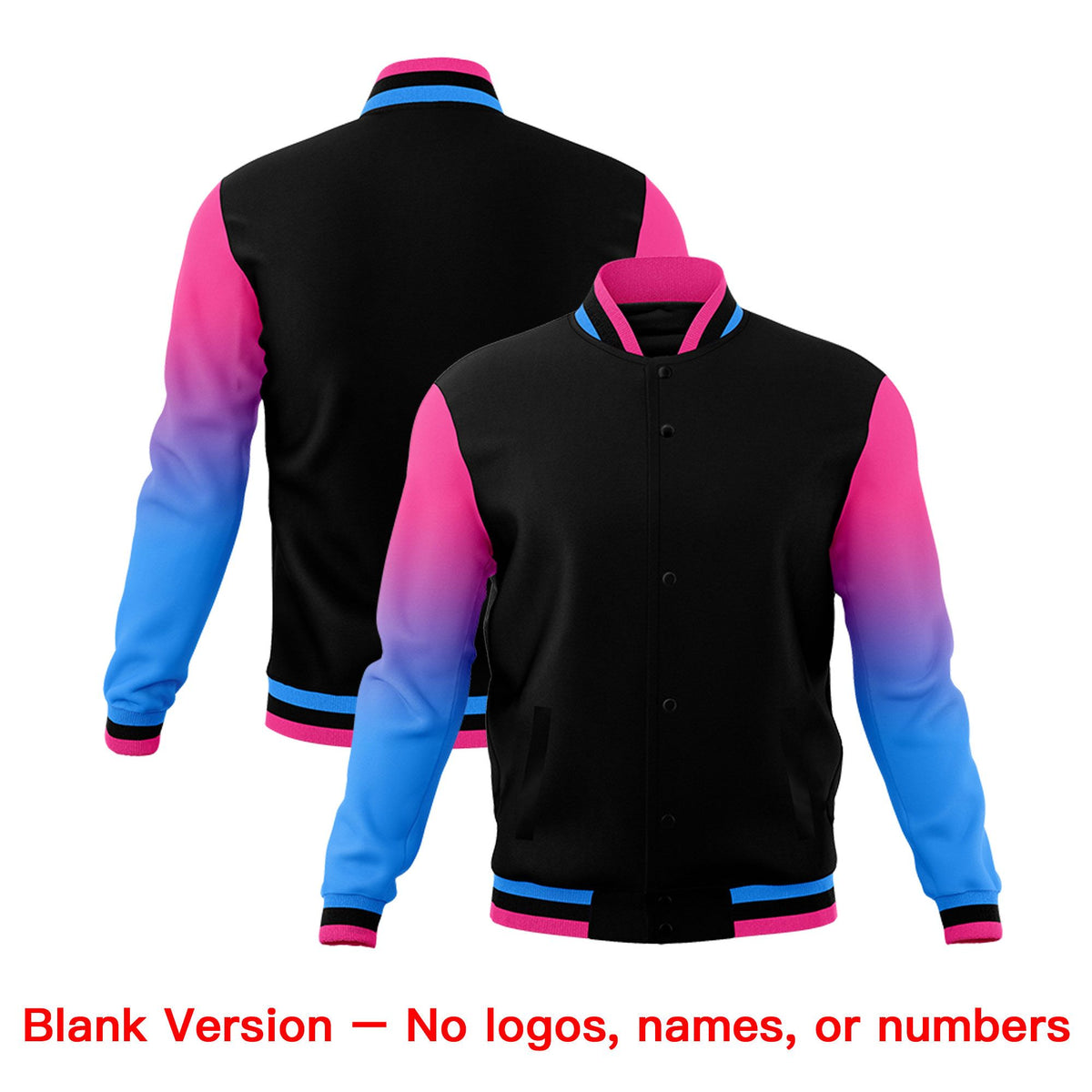 Custom Black Pink White Full-Snap Varsity Raglan Sleeves Gradient Letterman Jacket