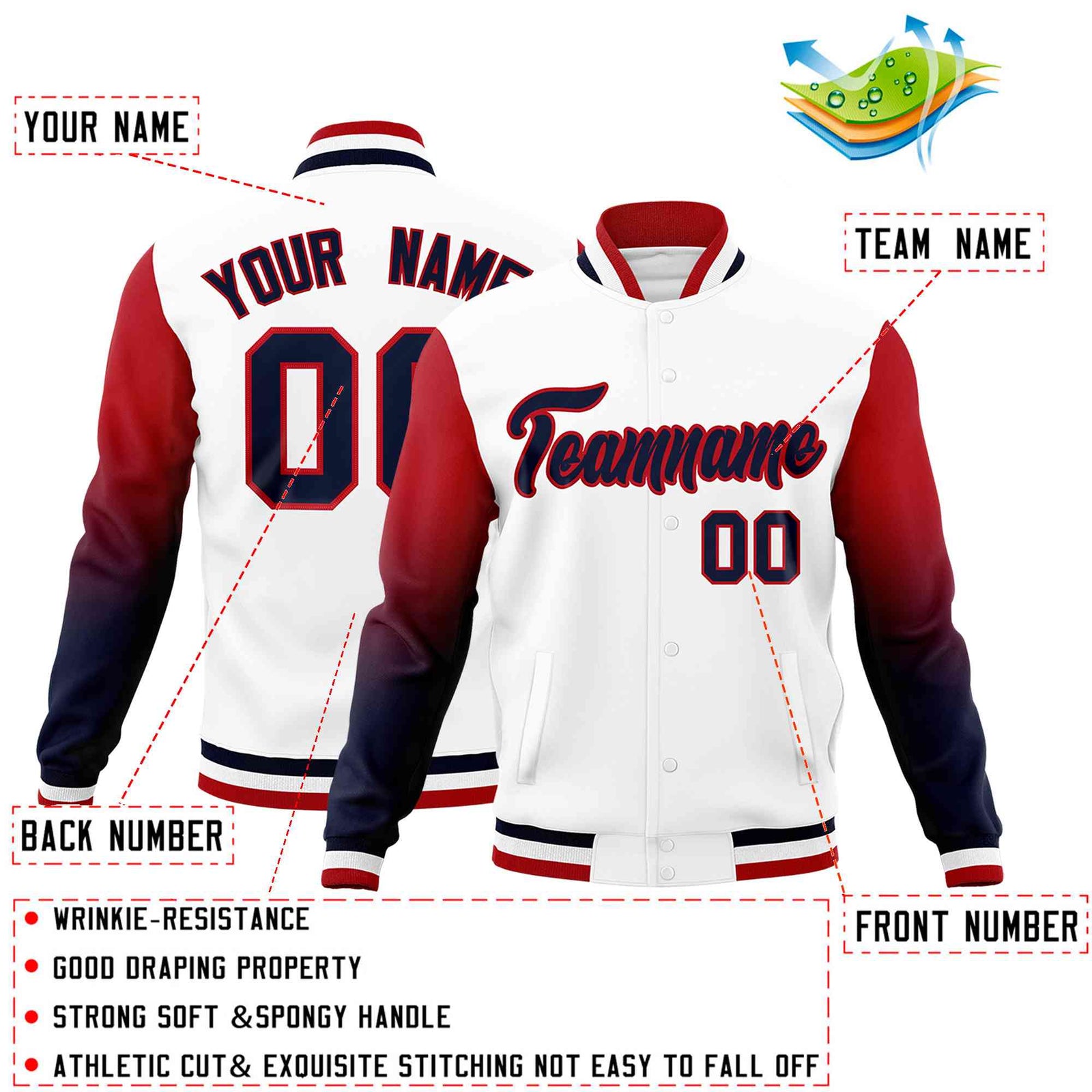 Custom White Navy Red Full-Snap Varsity Raglan Sleeves Gradient Letterman Jacket
